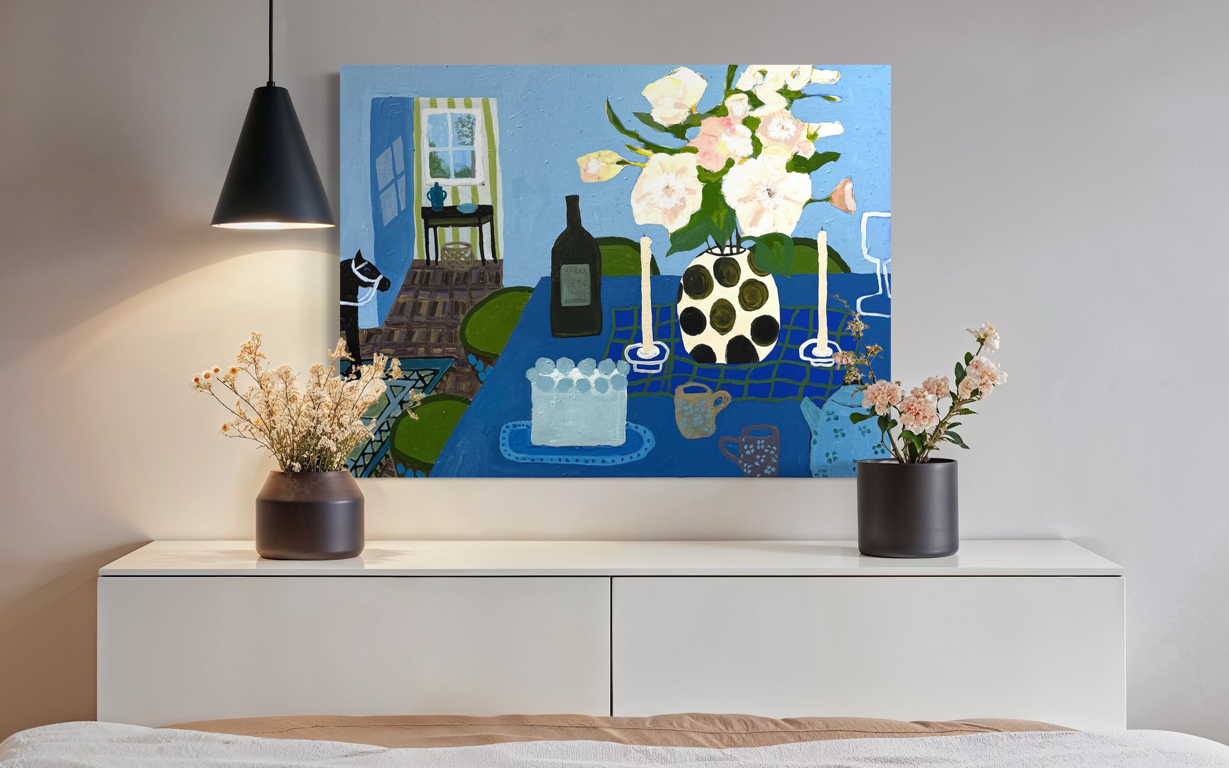 Before the Cake, original contemporary still life painting featuring a blue table setting with candles, flowers, a wine bottle, and an open doorway.