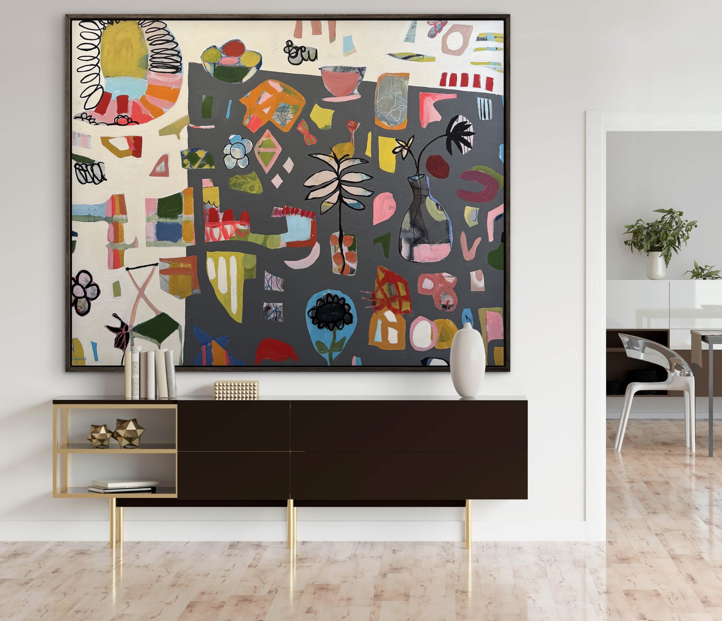 Large abstract mixed media painting on charcoal gray with colorful graphic shapes, playful linework, and simple floral motifs.