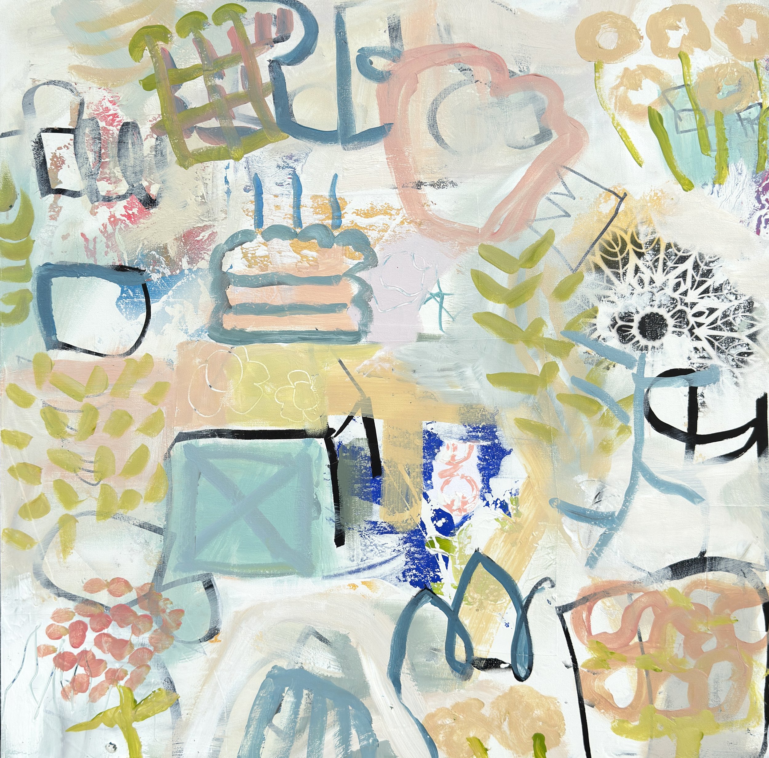 Just the Candle is abstract mixed-media painting with soft blue, yellow, pink, green, black, and white layers, featuring floral forms, patterned marks, and loose gestural shapes.