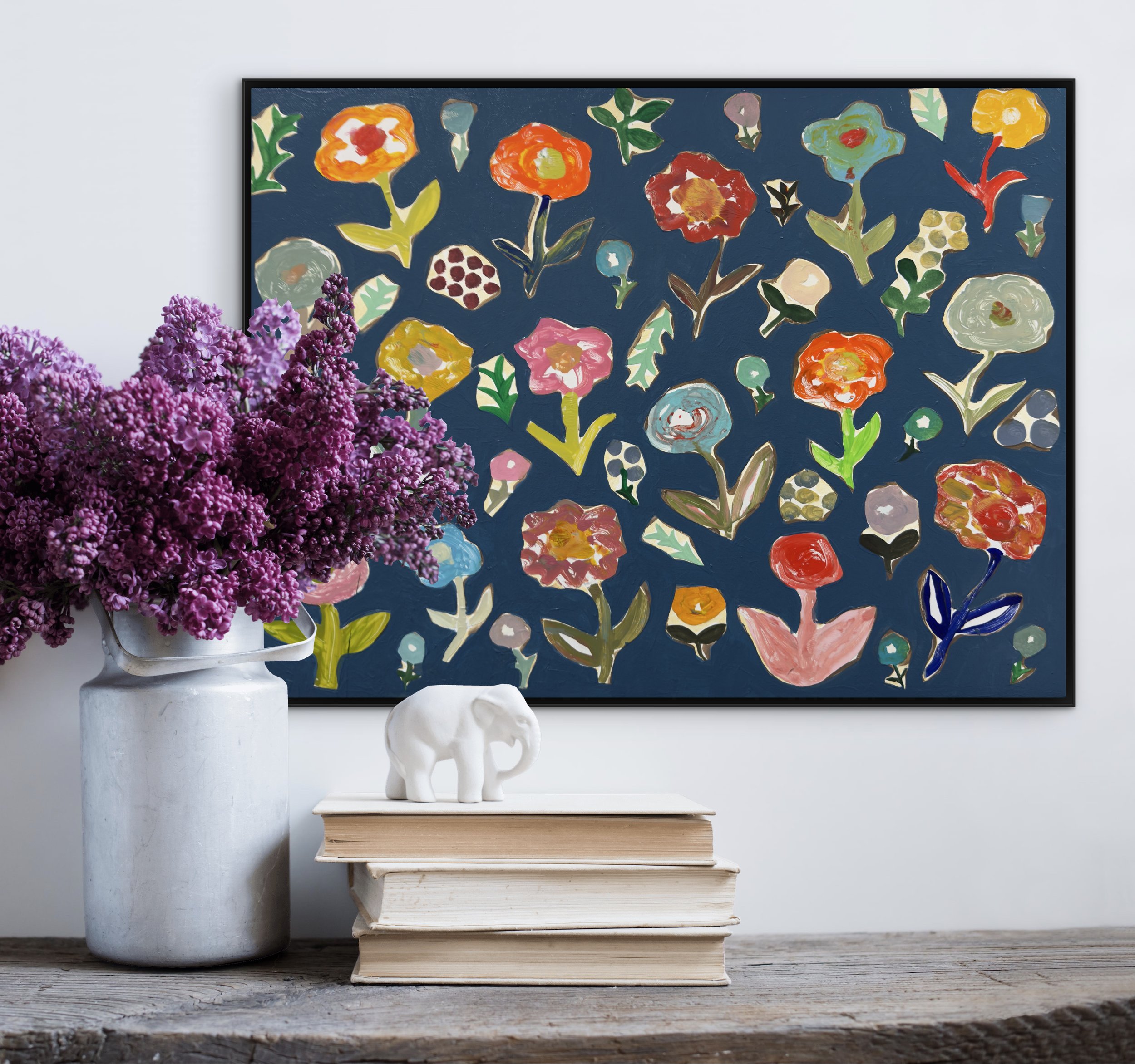 Before the Arrangement, original contemporary painting featuring scattered flowers and botanical forms across a blue surface, suggesting a floral worktable before flowers are arranged.
