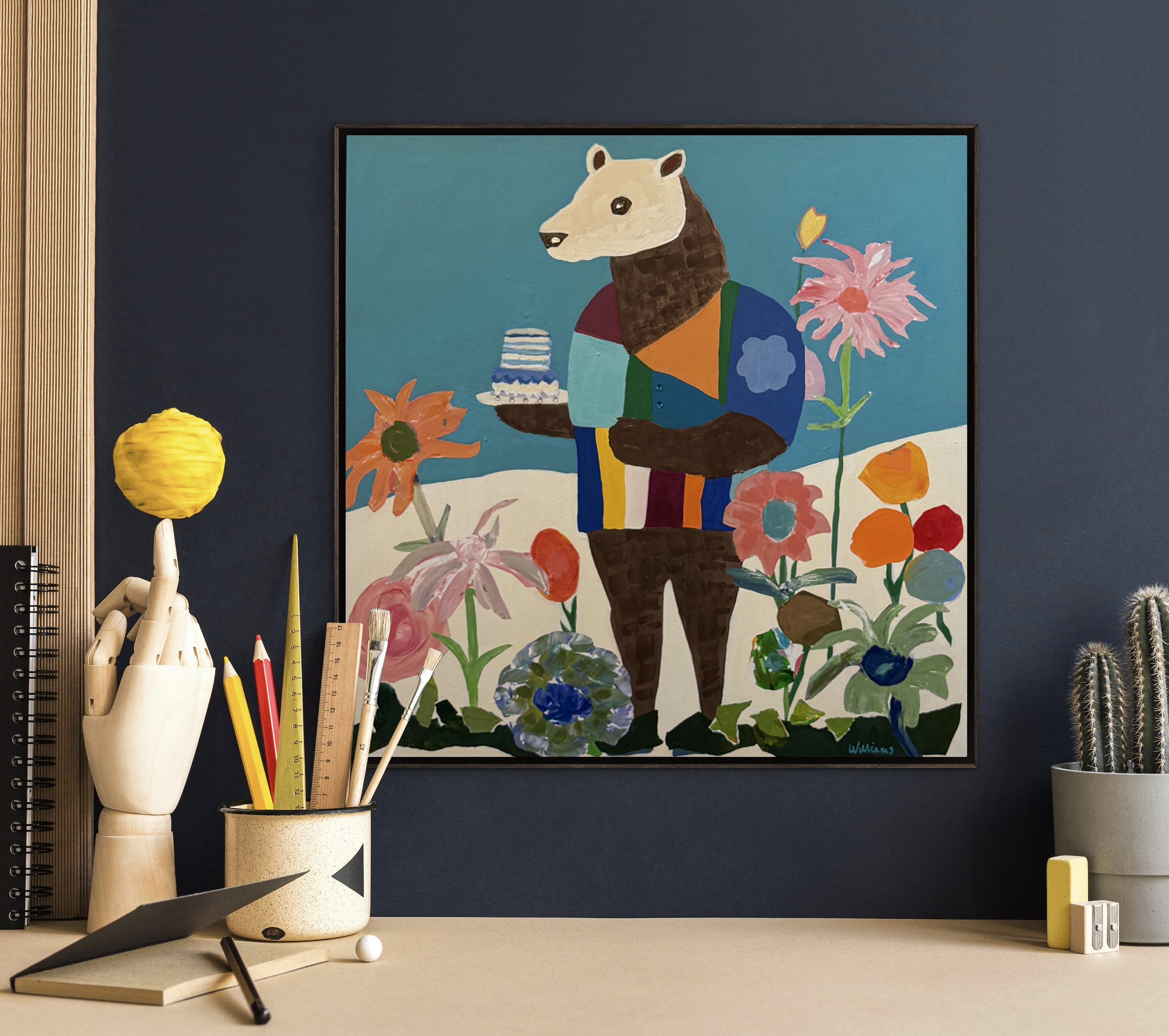 Bearer of Sweets, original contemporary painting featuring a bear holding a small cake with candles, surrounded by flowers and patterned color fields.