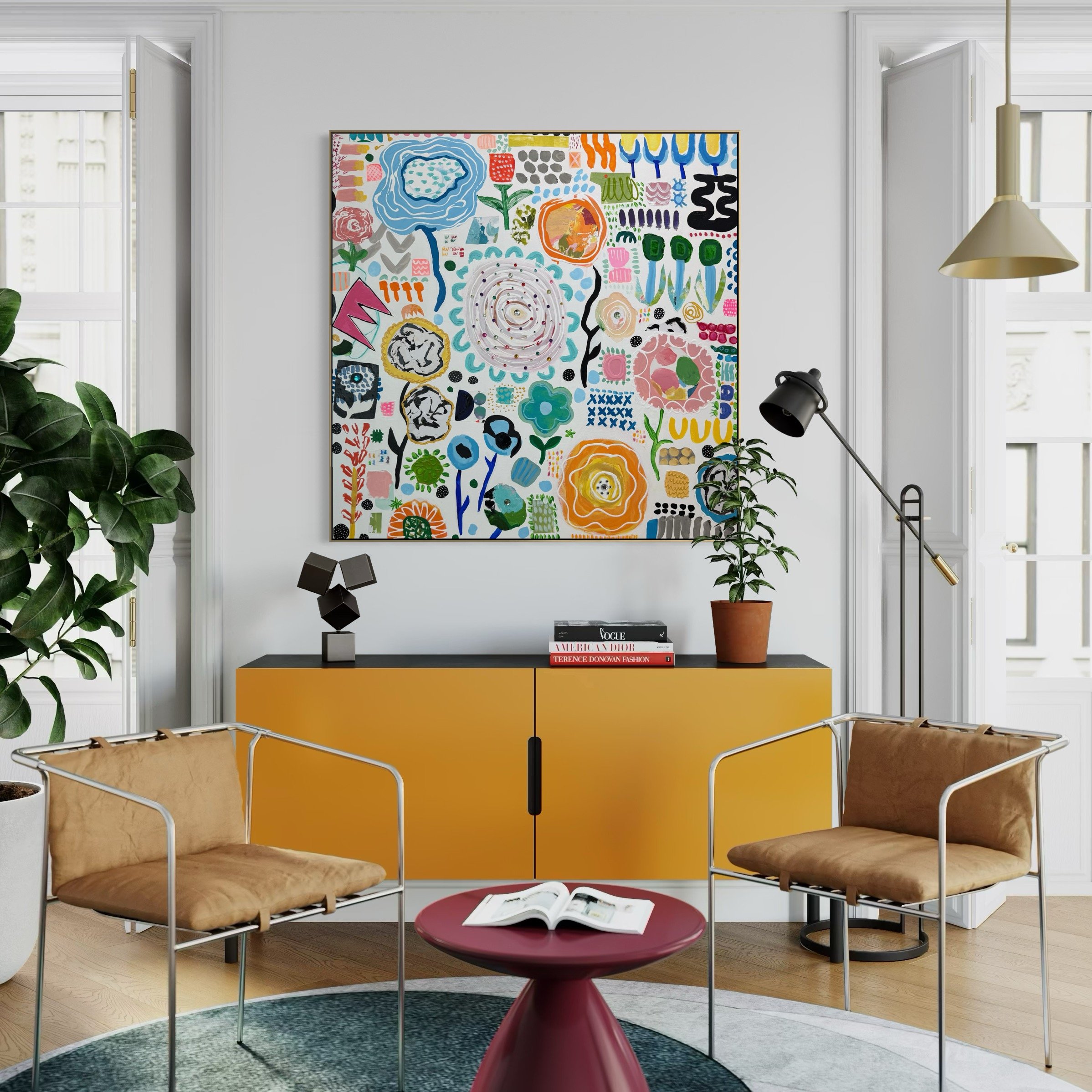 Close-up view of layered brushwork, dots, and graphic motifs in the abstract painting “Instructions for a Beautiful Day.”