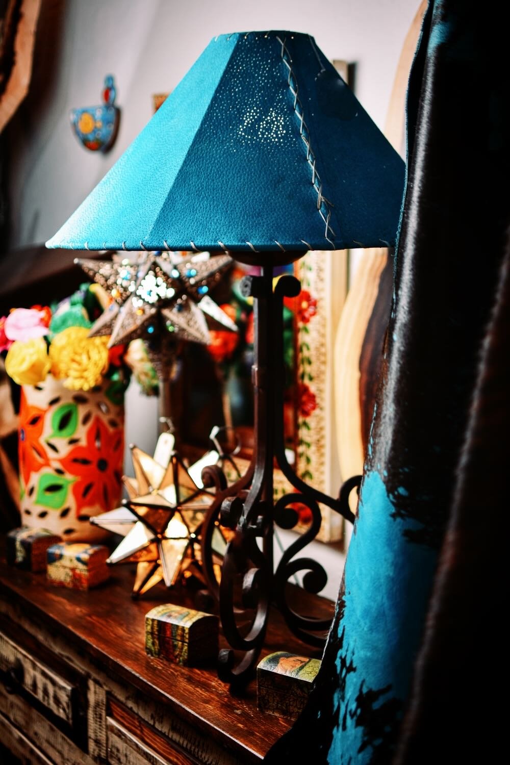 Wrought Iron Table Lamp with Turquoise Pigskin Lamp Shade