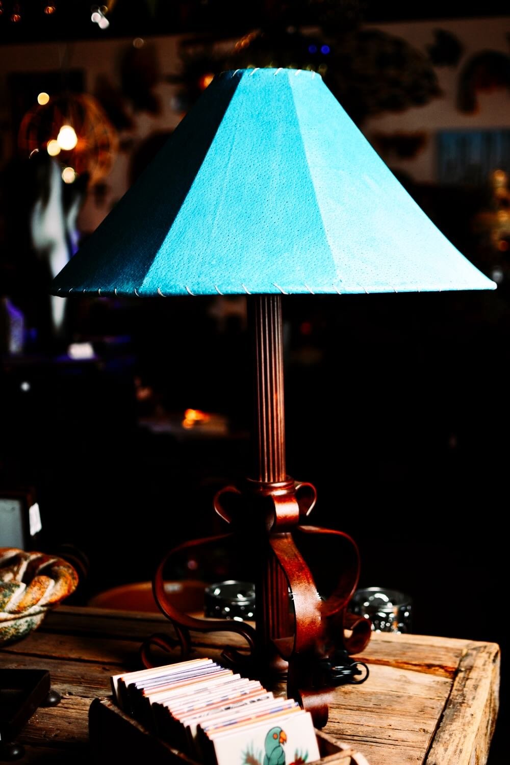 Wrought Iron Lamp with Turquoise Pigskin Lamp Shade
