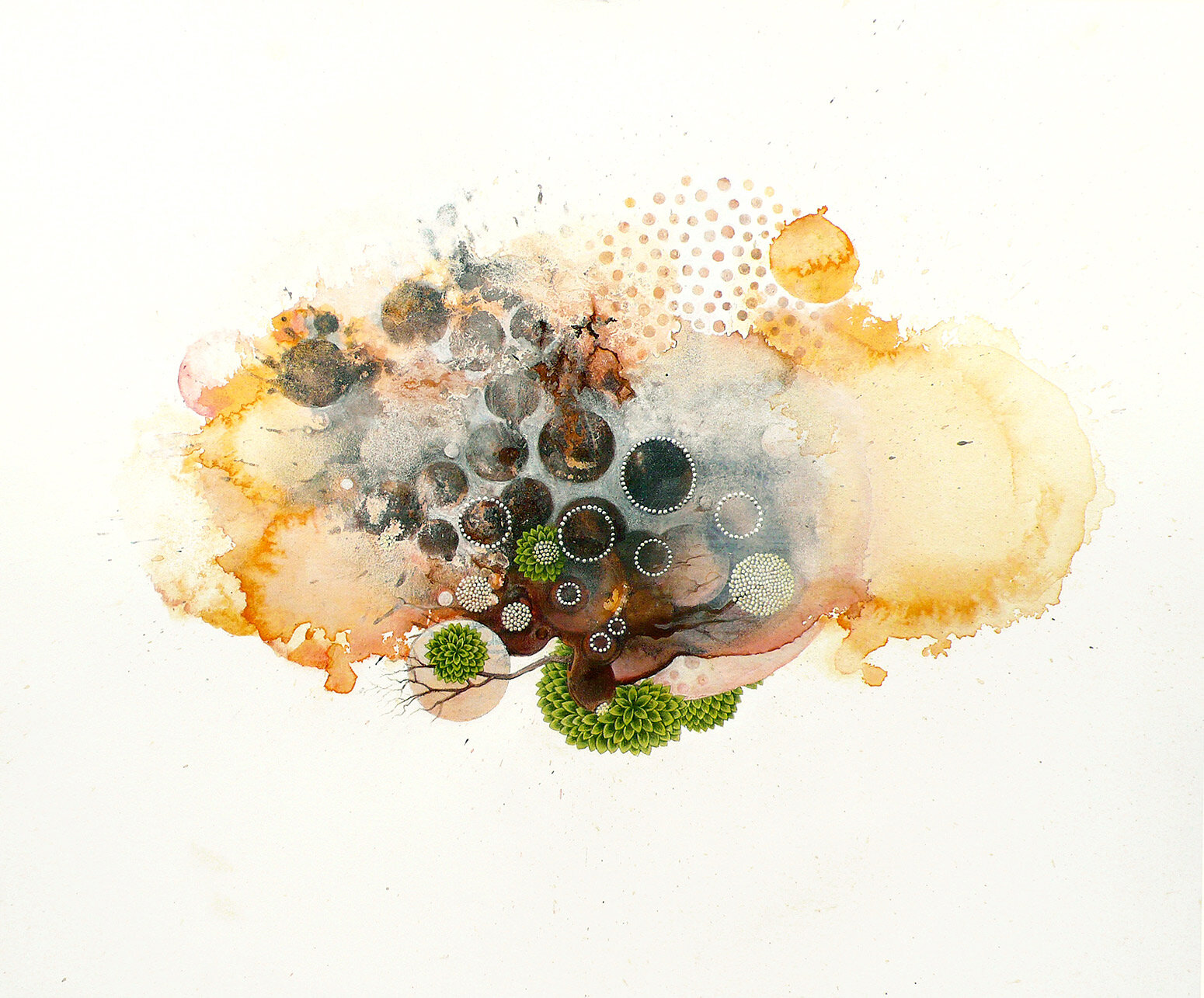   Hub With Leaves , 2010 acrylic, mica, gouache, colore pencil on paper 15” x 17” 
