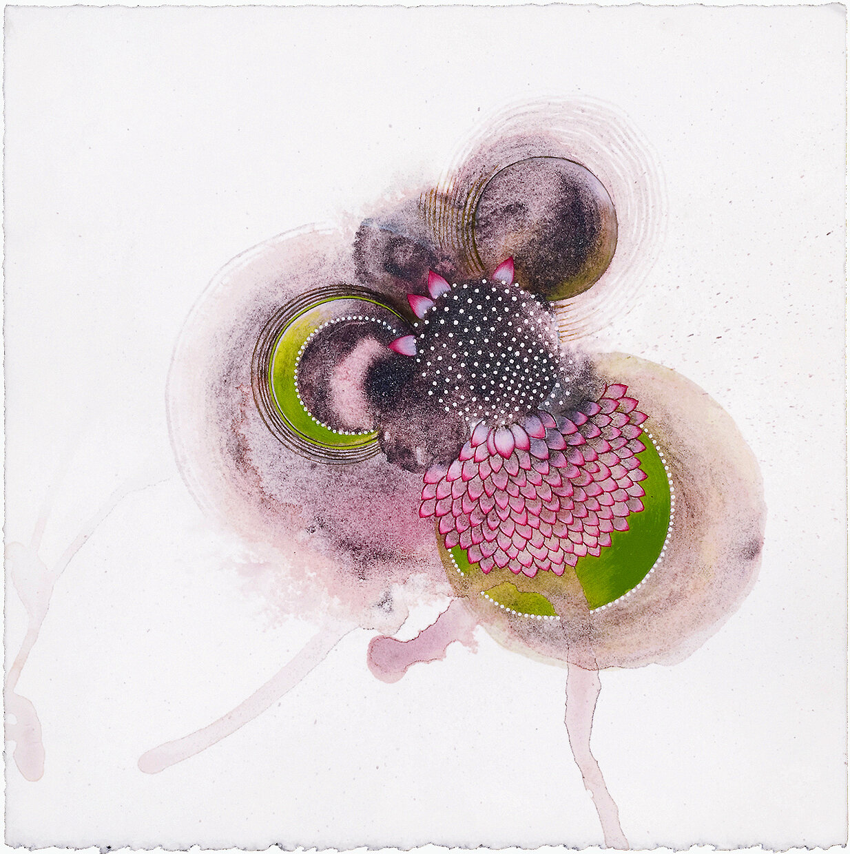   Lotusball , 2010 acrylic, mica, gouache, colored pencil on handmade paper 10” x 10” 