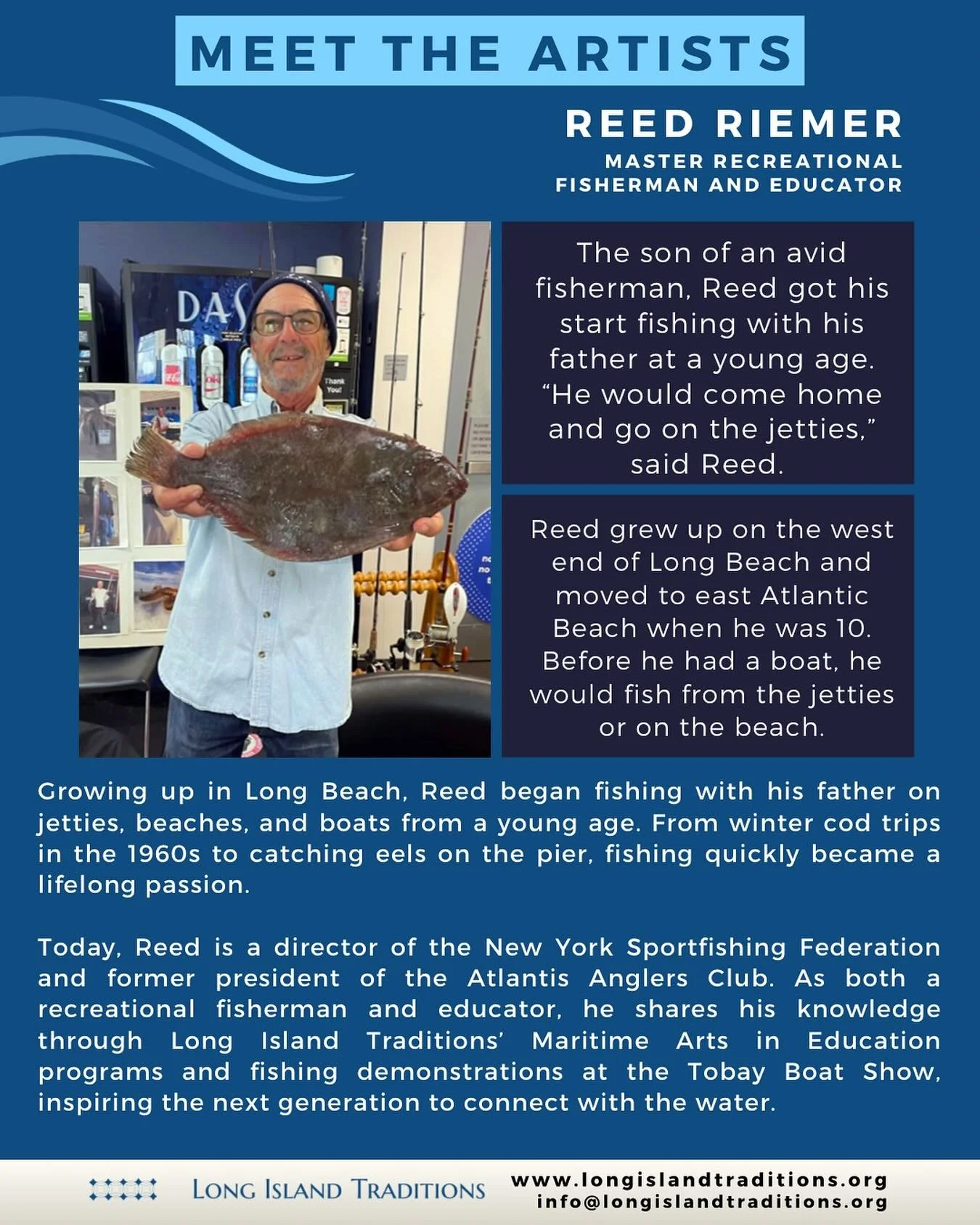 ✨ Meet the Artists! ✨
A new series from LI Traditions where we introduce some of the many artists we work with to share Long Island&rsquo;s diverse culture and occupational life.

This week we are starting with bayman Reed Riemer 🌊⚓️. We&rsquo;ve be
