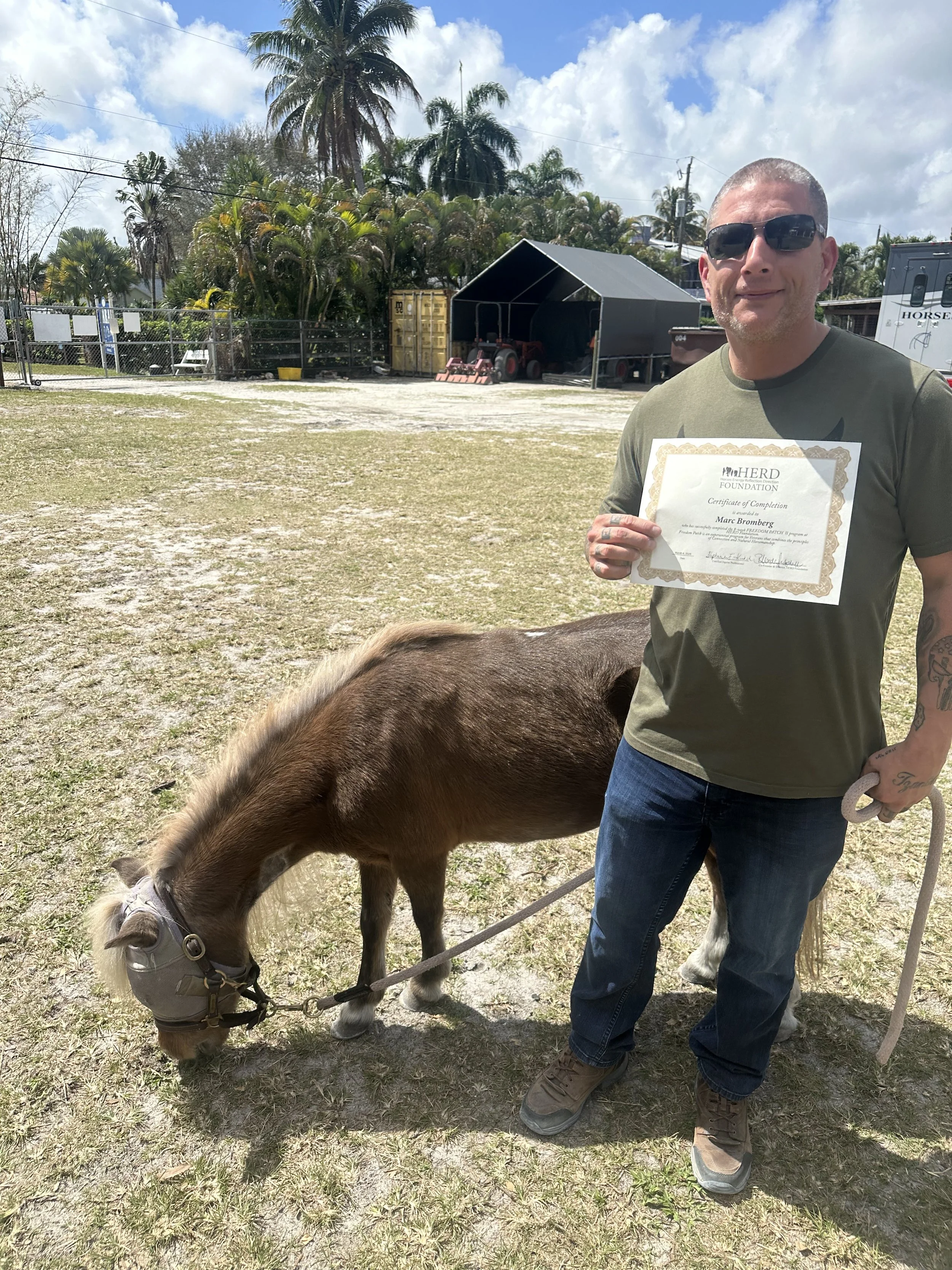 A man holding a certificate standing next to a small pony that is grazing on the grass in an outdoor area with palm trees and a tent in the background.