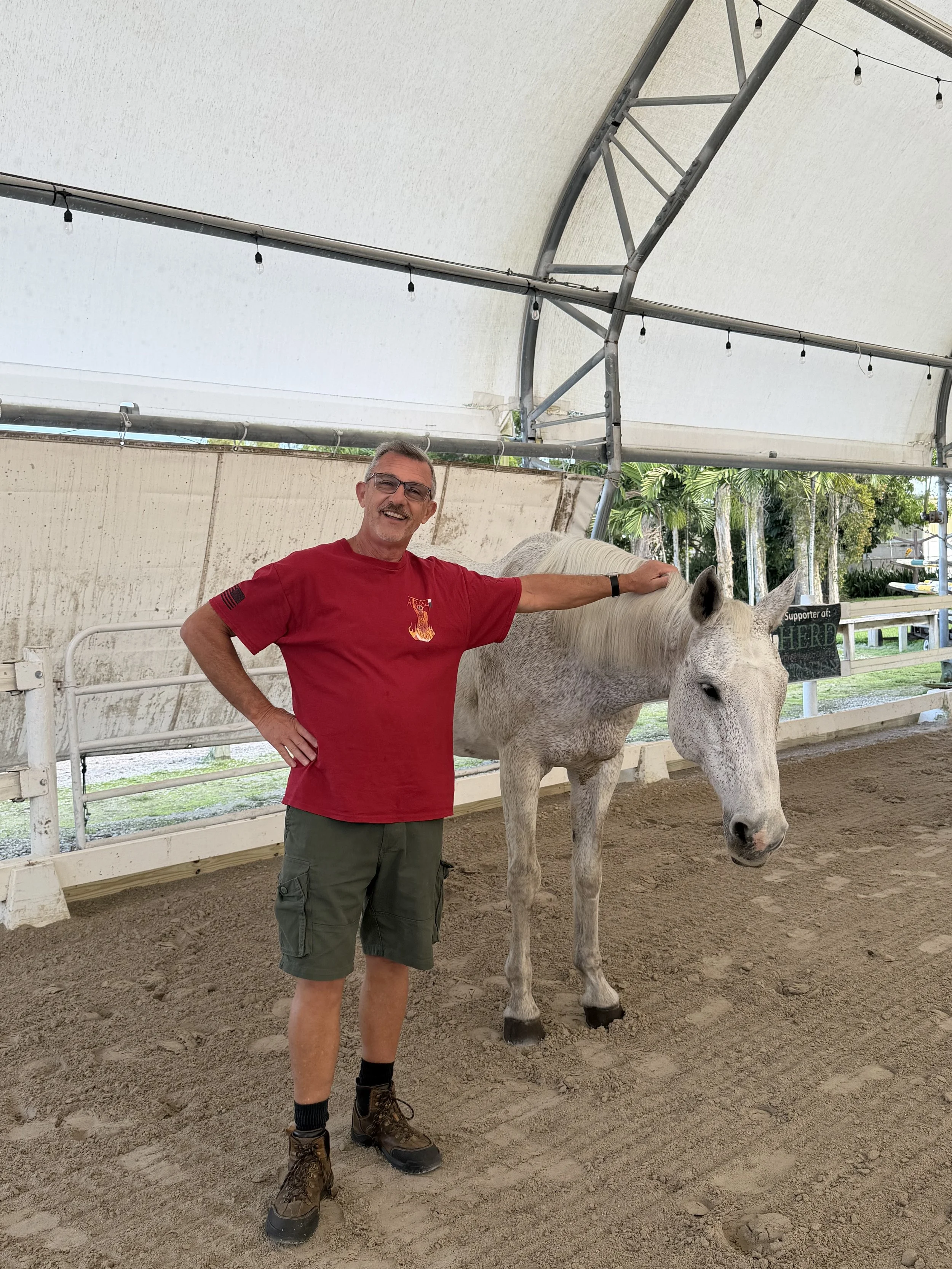A man in a red t-shirt and green shorts standing next to a white horse inside a covered outdoor area, petting the horse's head.