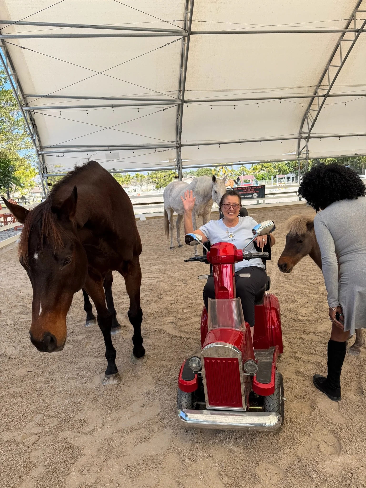 A woman in a mobility scooter waving and smiling, surrounded by two horses in a covered outdoor arena, with a person petting one of the horses.
