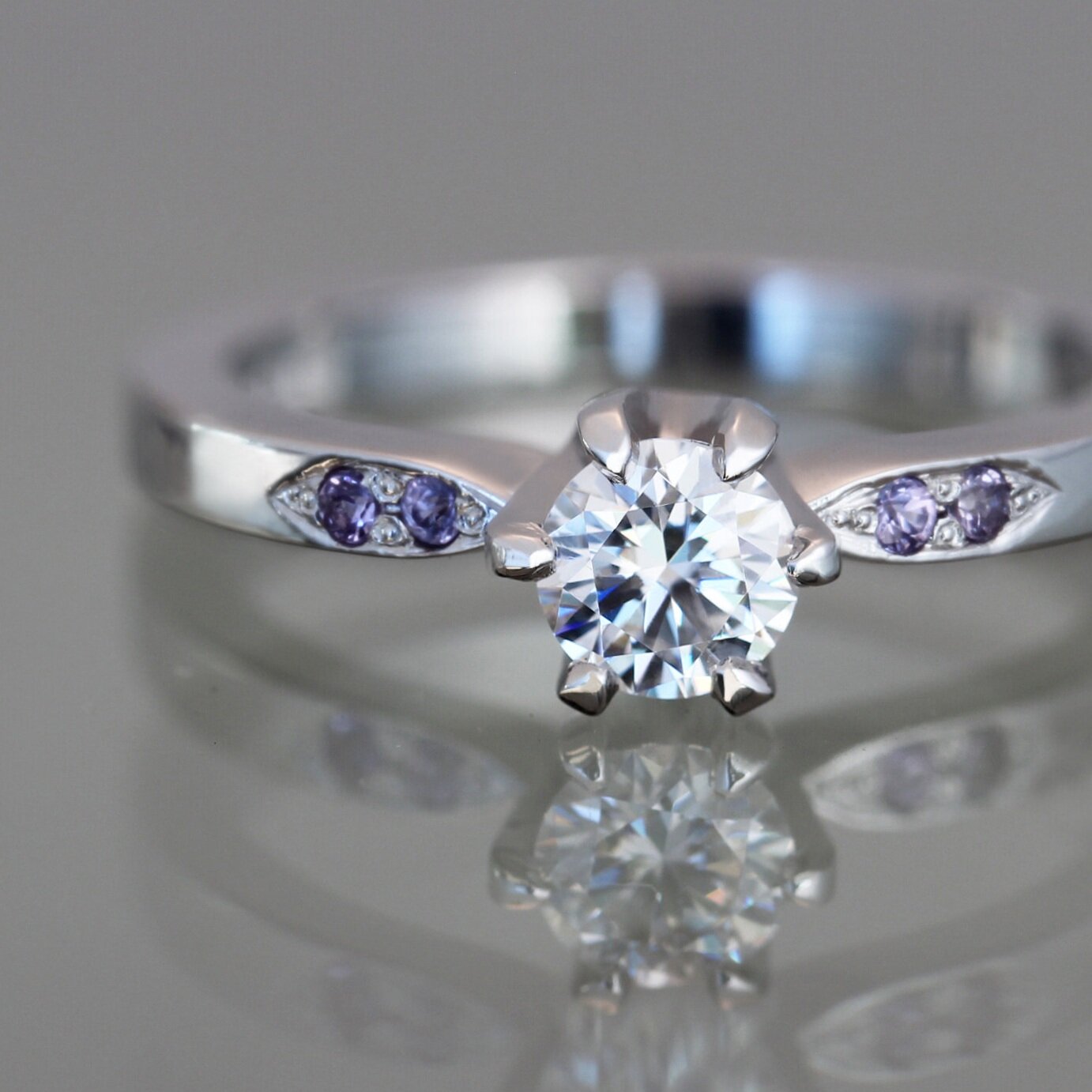 Platinum+Band+with+Moissanite+6+Claw+Tulip+Setting+with+Purple+Sapphire+3.jpg
