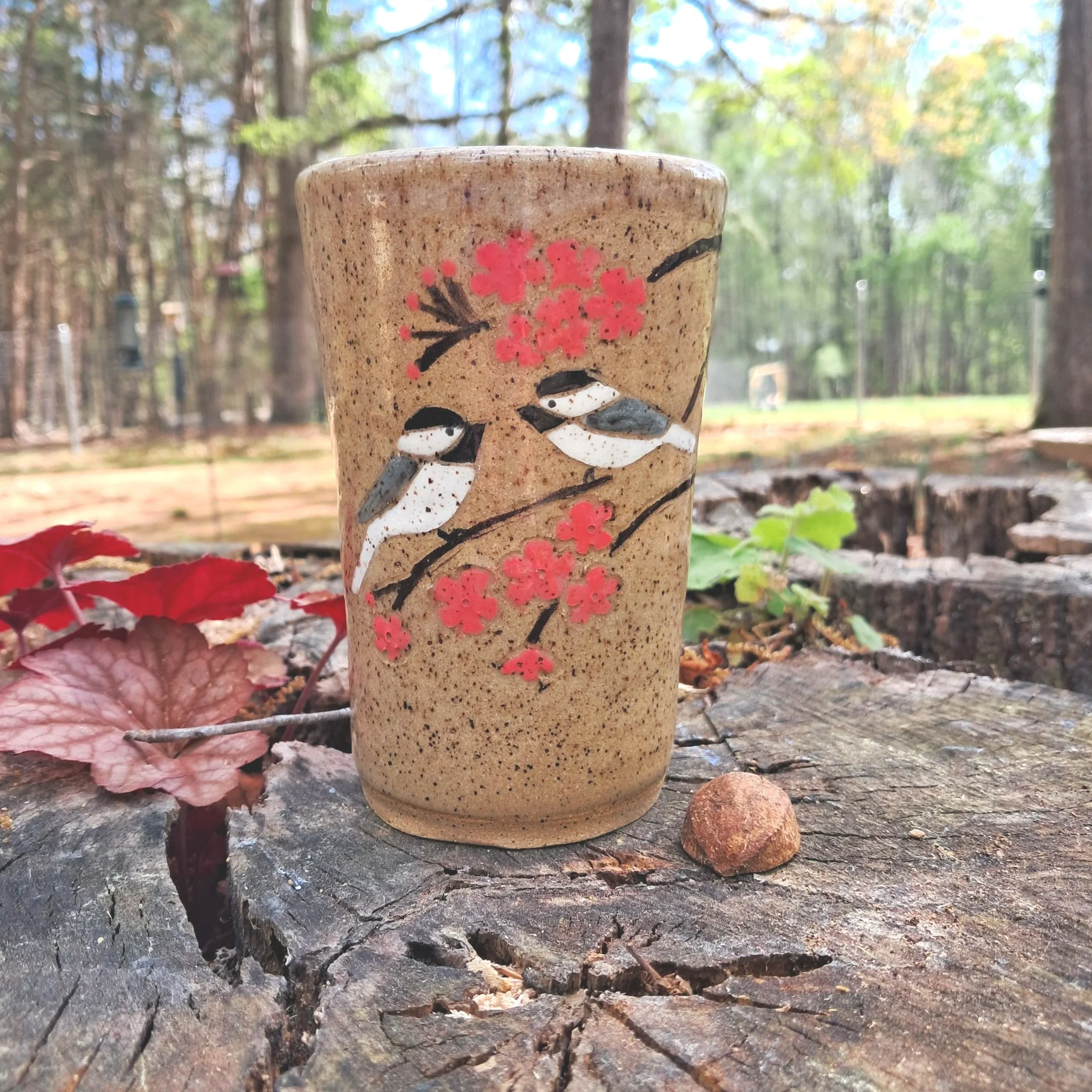 Chickadees in Cherry Blossoms vases