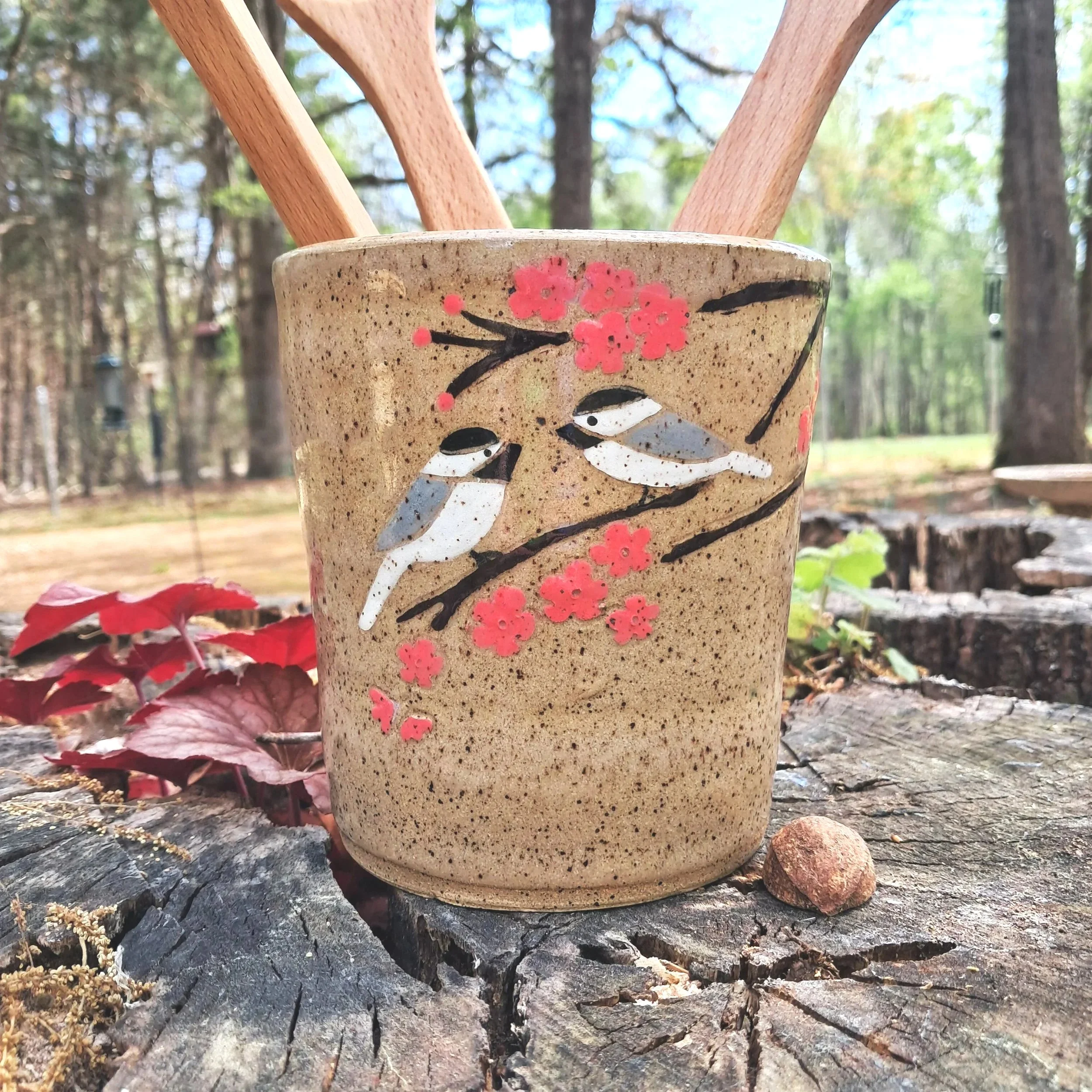 Chickadees in Cherry Blossoms utensil holder