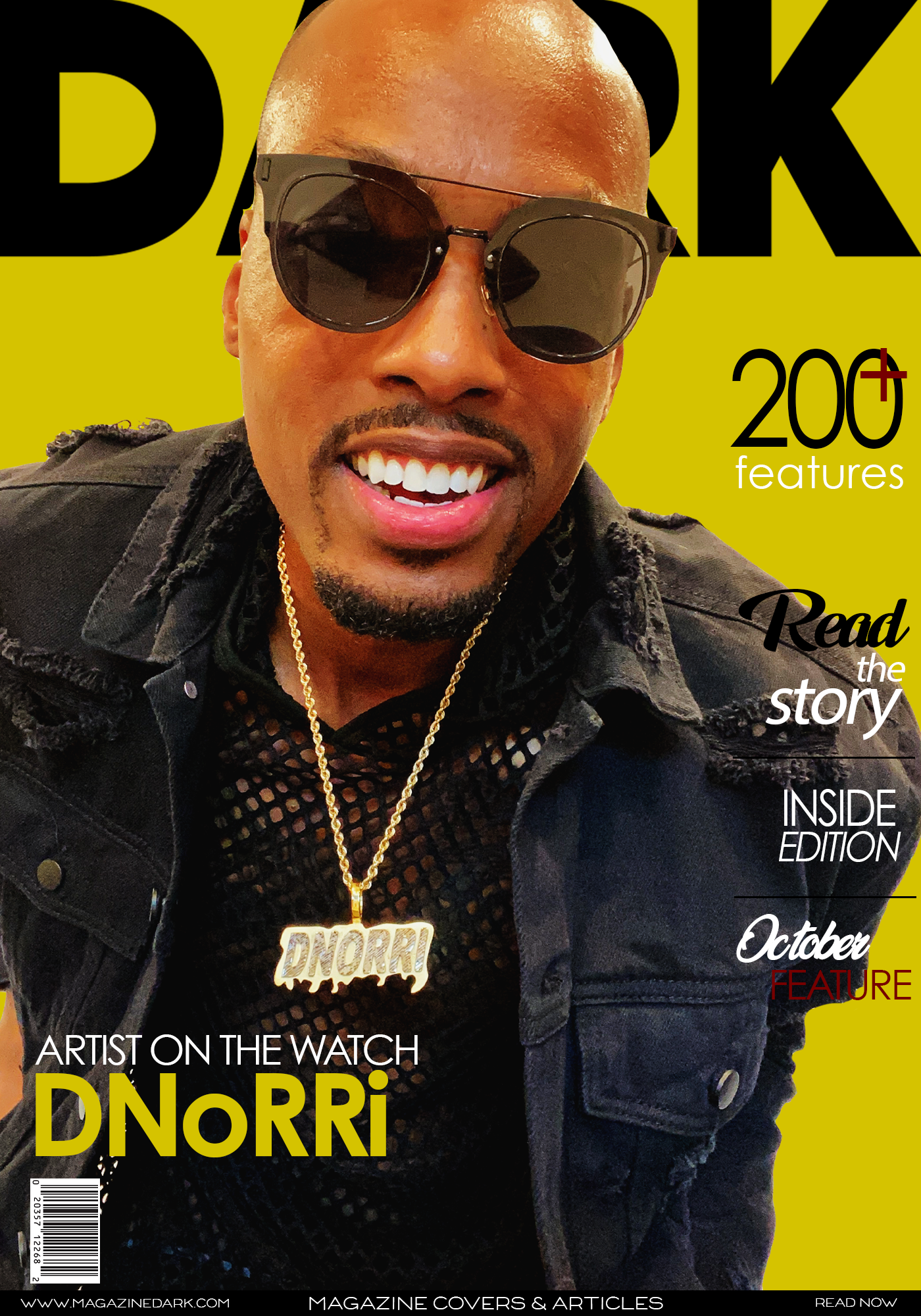 Magazine cover featuring artist DNORRi wearing sunglasses, a gold chain with a 'DNORRi' pendant, and a black mesh shirt under a black denim jacket, with a yellow background and black and white text.