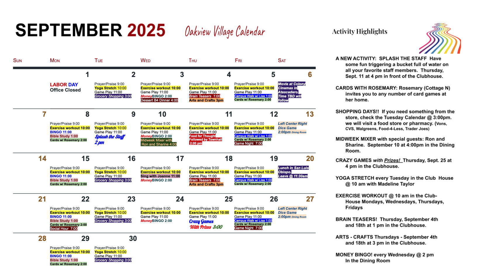 July Activity Calendar