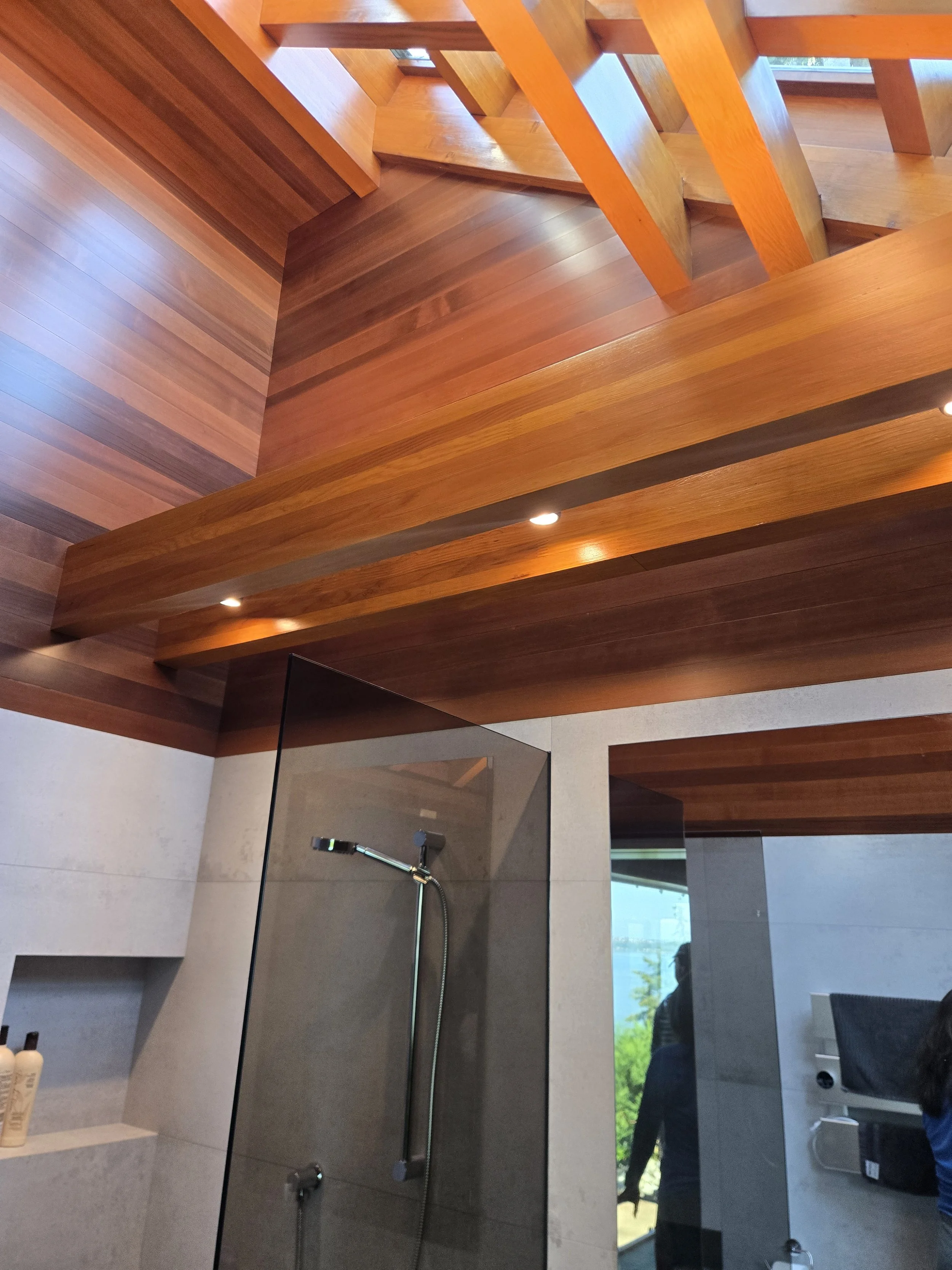Bathroom Addition, cedar wall paneling above tile with smoked glass shower