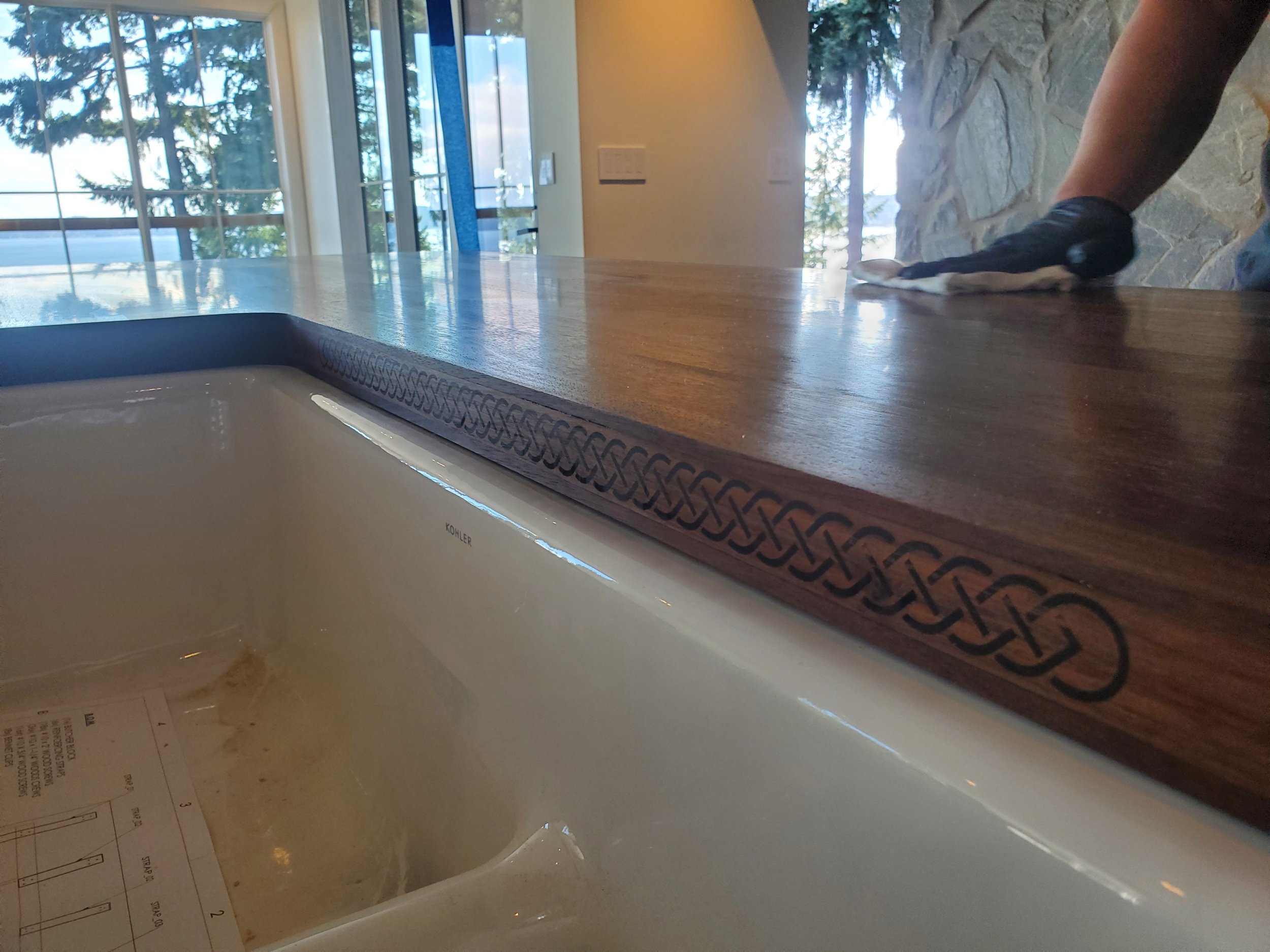 Walnut Counter with Sink Cutout and Celtic Inlay
