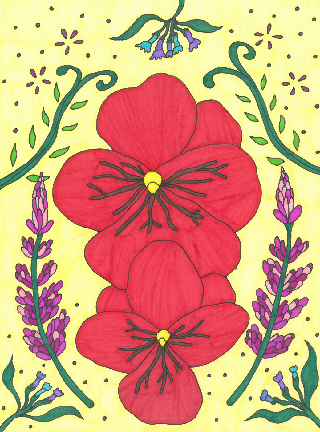 "Red Pansies," marker on paper, 8 x 11 in