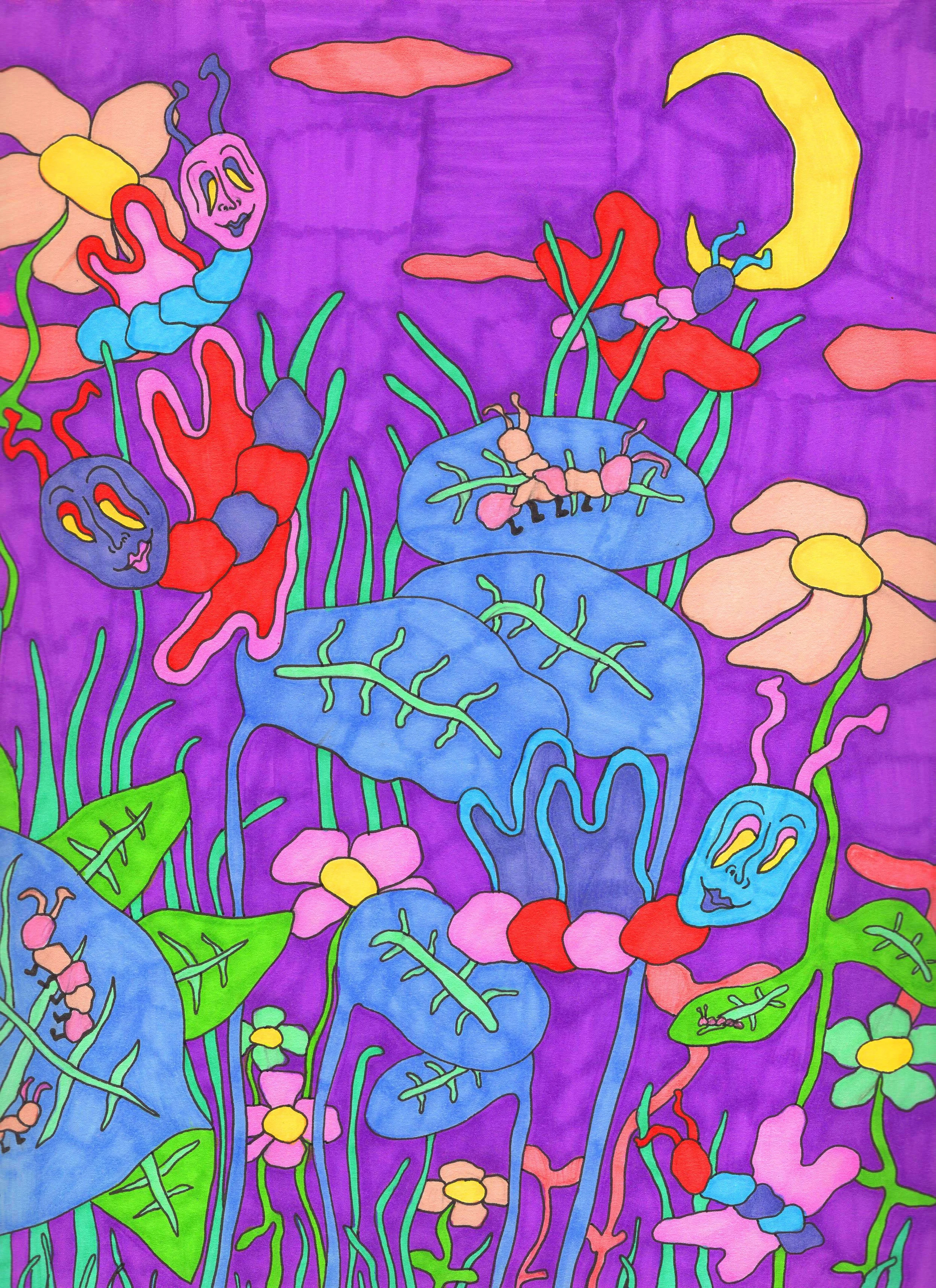 "Butterfly Jungle," marker on paper, 9 x 12 in, 2020