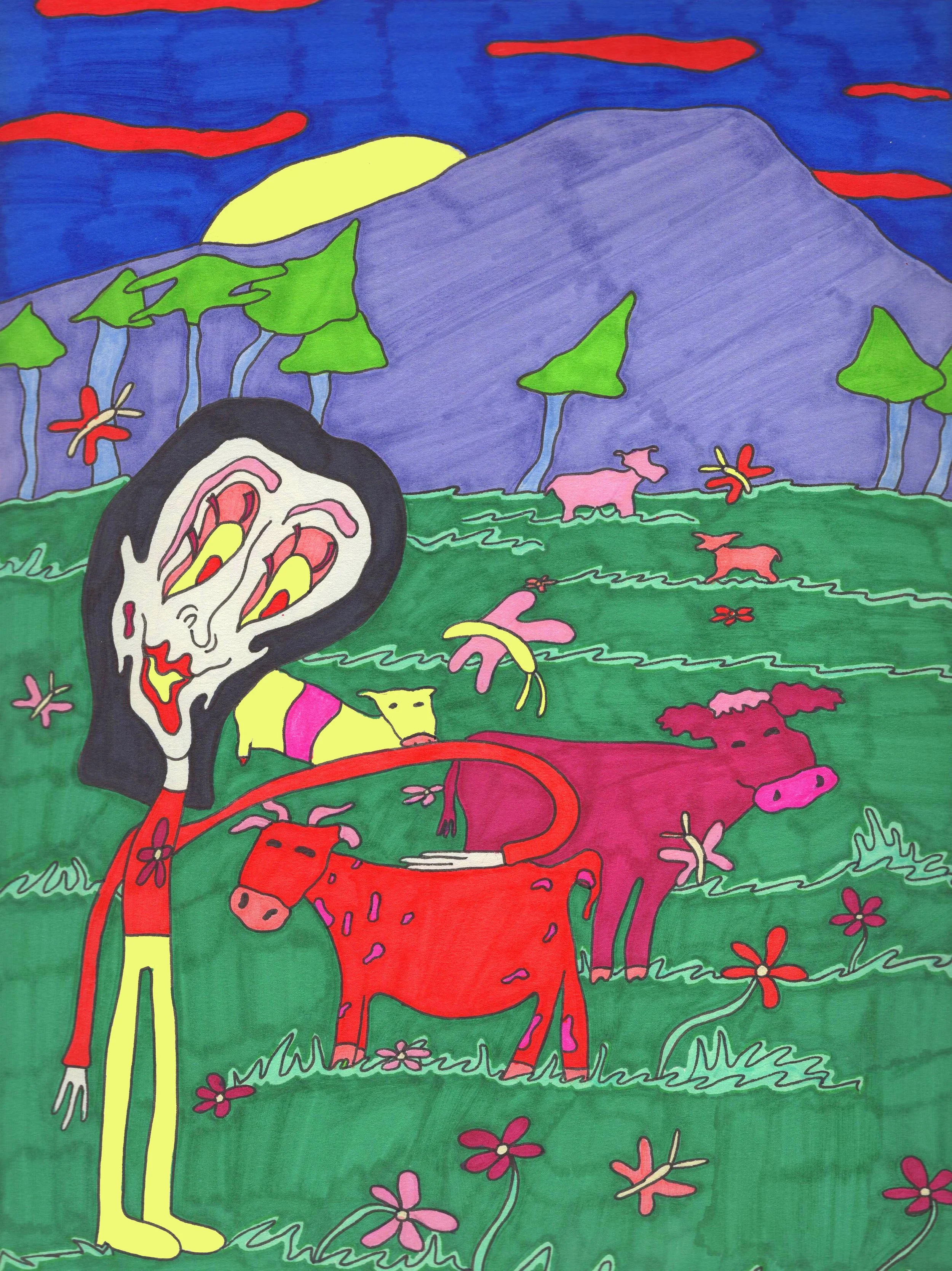 "Cow Romance," marker on paper, 9 x 12 in, 2020