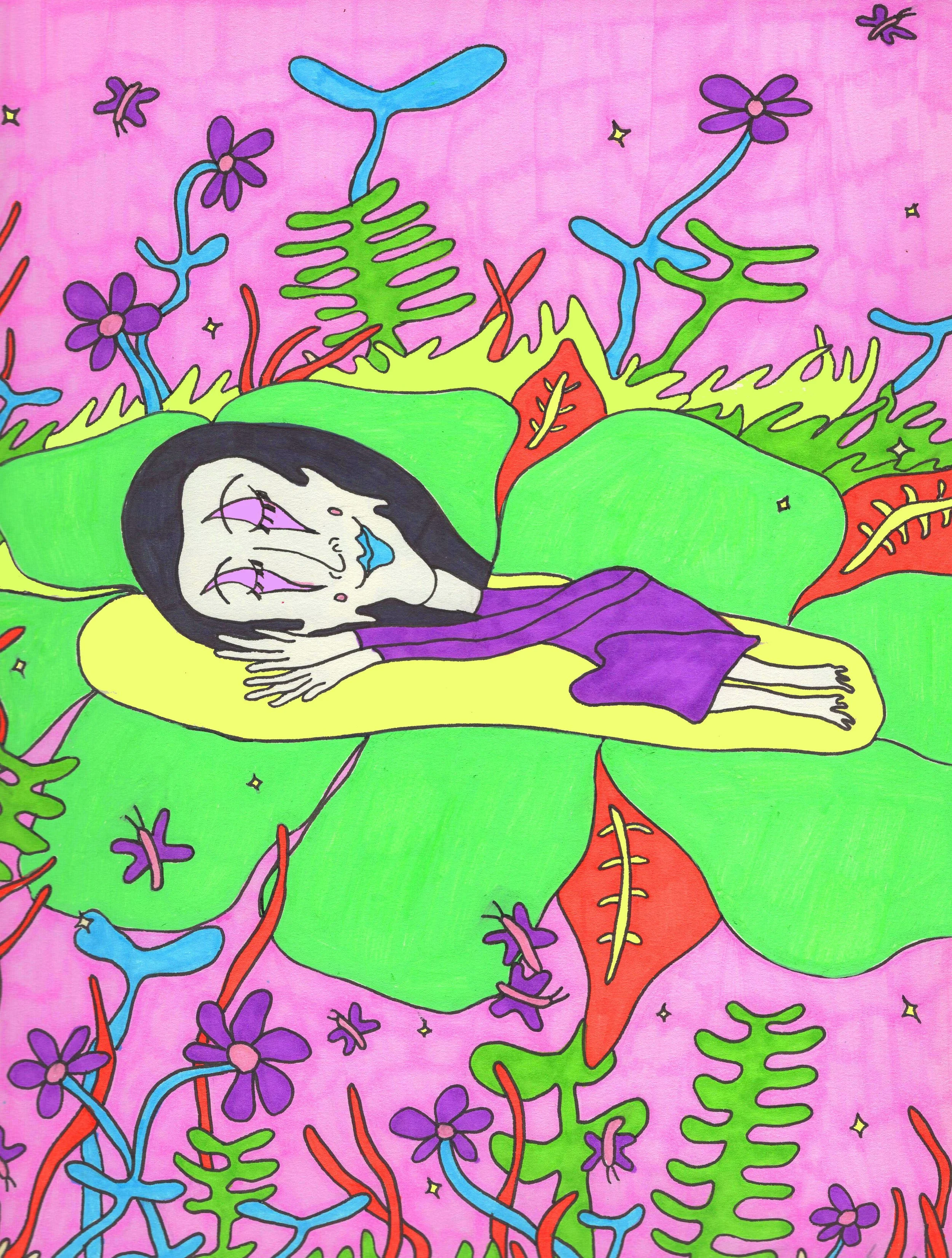 "Sleeping Clown," marker on paper, 9 x 12 in, 2020