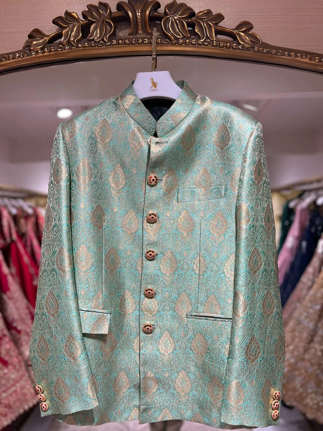 MJDPJ01-40: $850
- Green brocade jodhpuri jacket.