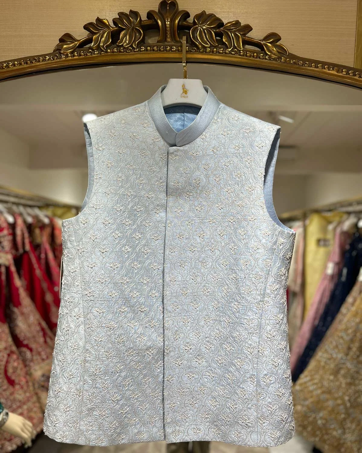 MJDPV01-46: $1100
- Pastel blue jodhpuri vest with 100% hand embroidery.