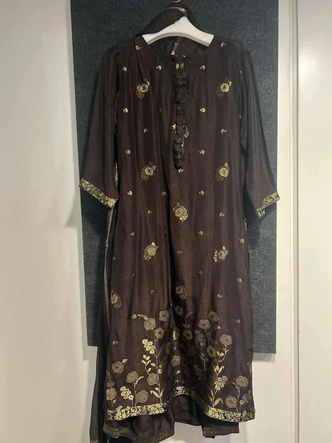 Opal: $350
- Charcoal black & gold kashmiri kurta salwar and dupatta set.