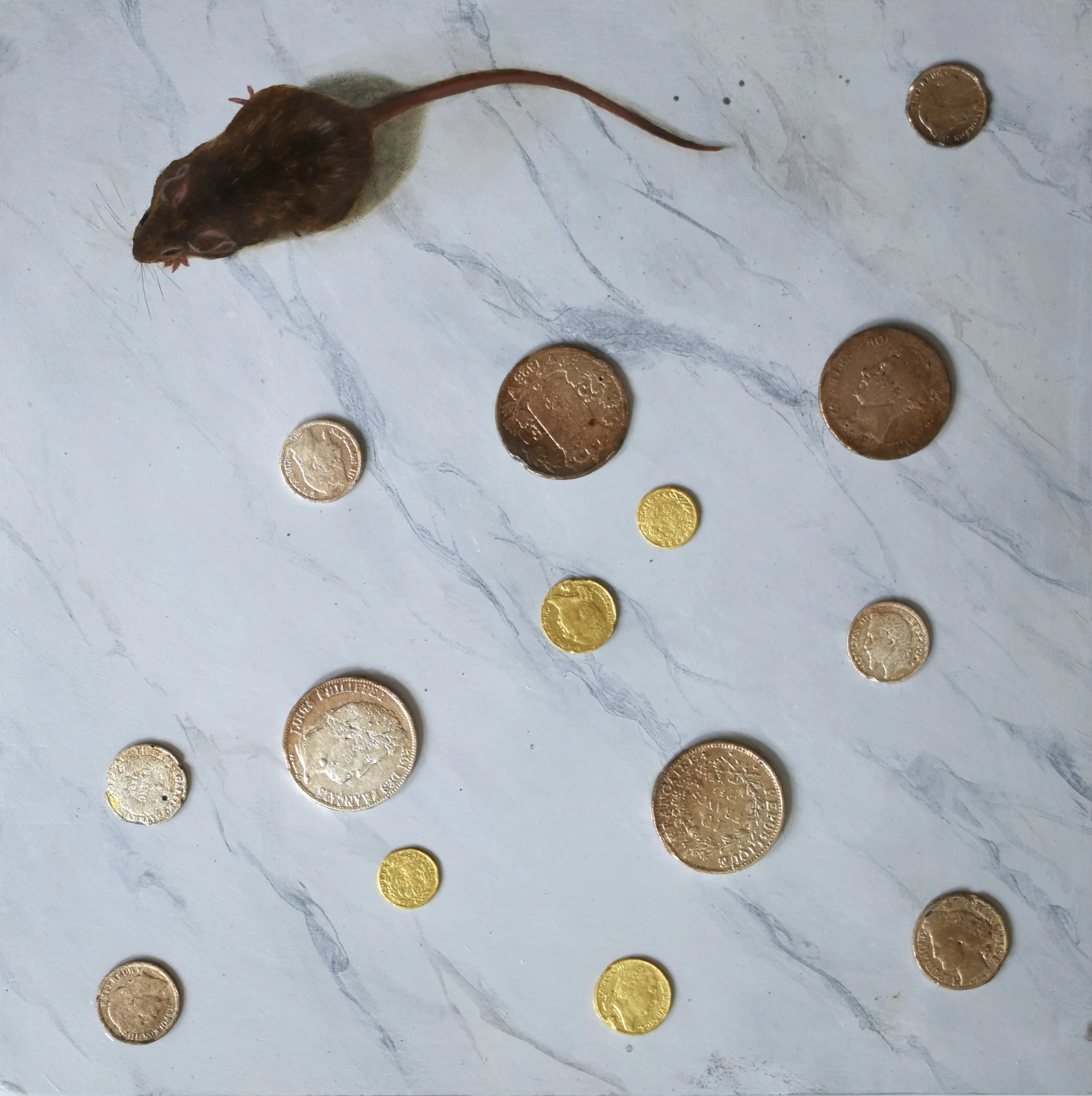 The Treasurer  12 x 12 inches, acrylic, oil, plaster, gold and silver leaf on panel, 2023 