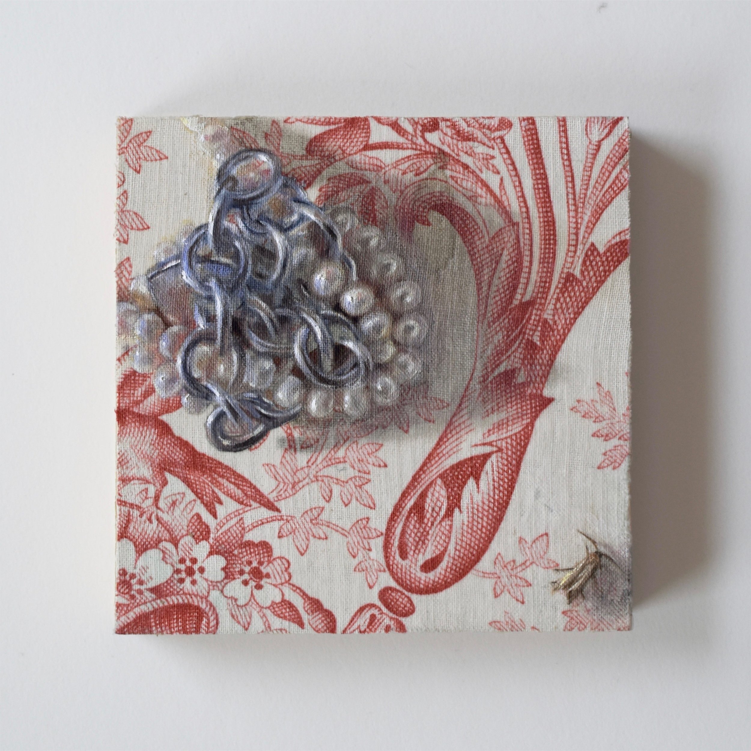 Tangled 4 x 4 inches, oil on toile de Jouy mounted on panel, 2021 