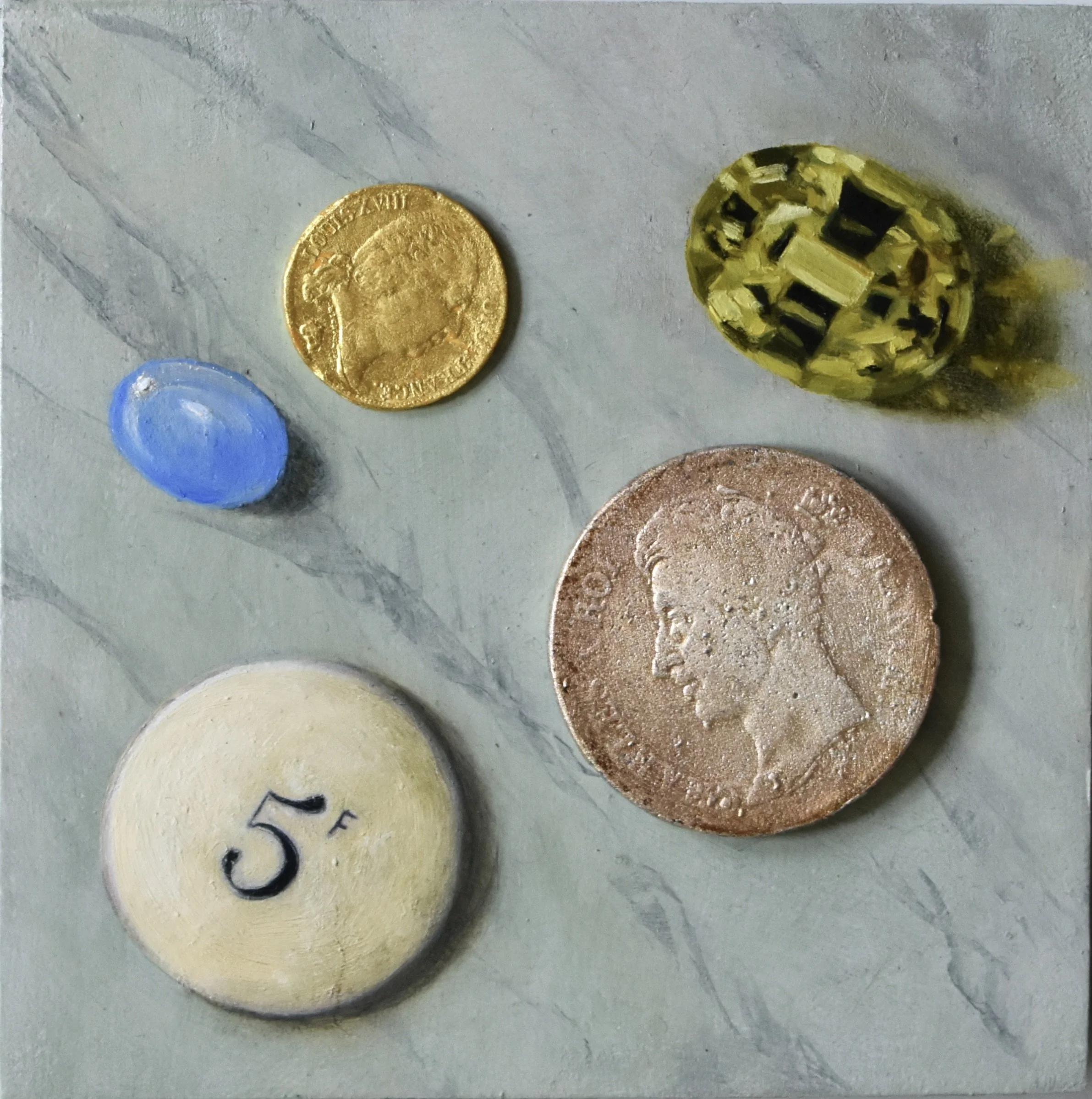 Doppelgänger II   4 x 4 inches, acrylic, oil, plaster, gold and silver leaf on panel, 2023  