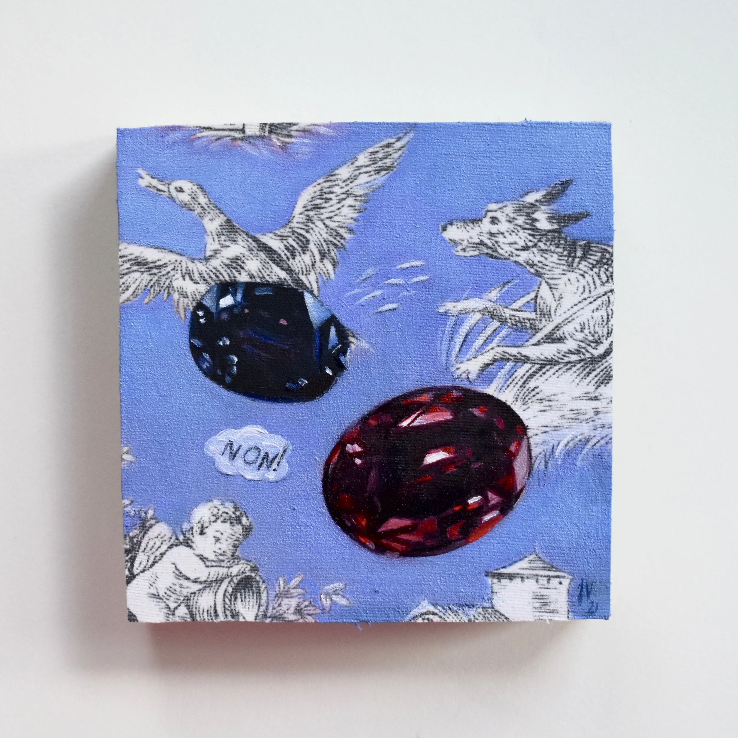 No!  4 x 4 inches, oil on toile de Jouy mounted on panel, 2021 