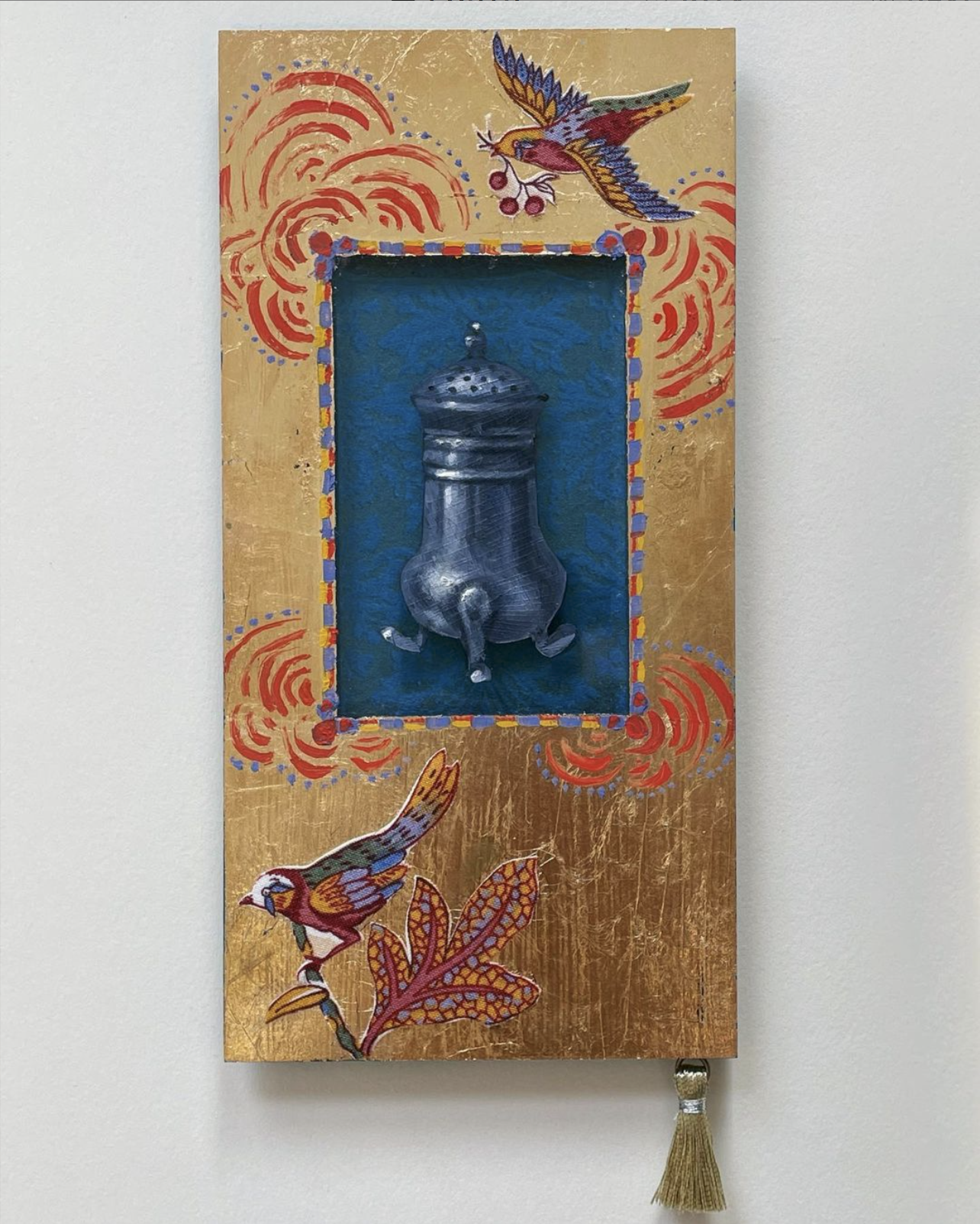 Bombs Away! 3.5x9 inches, composition gold leaf, oil, collage, tassel on plexiglass, 2020
