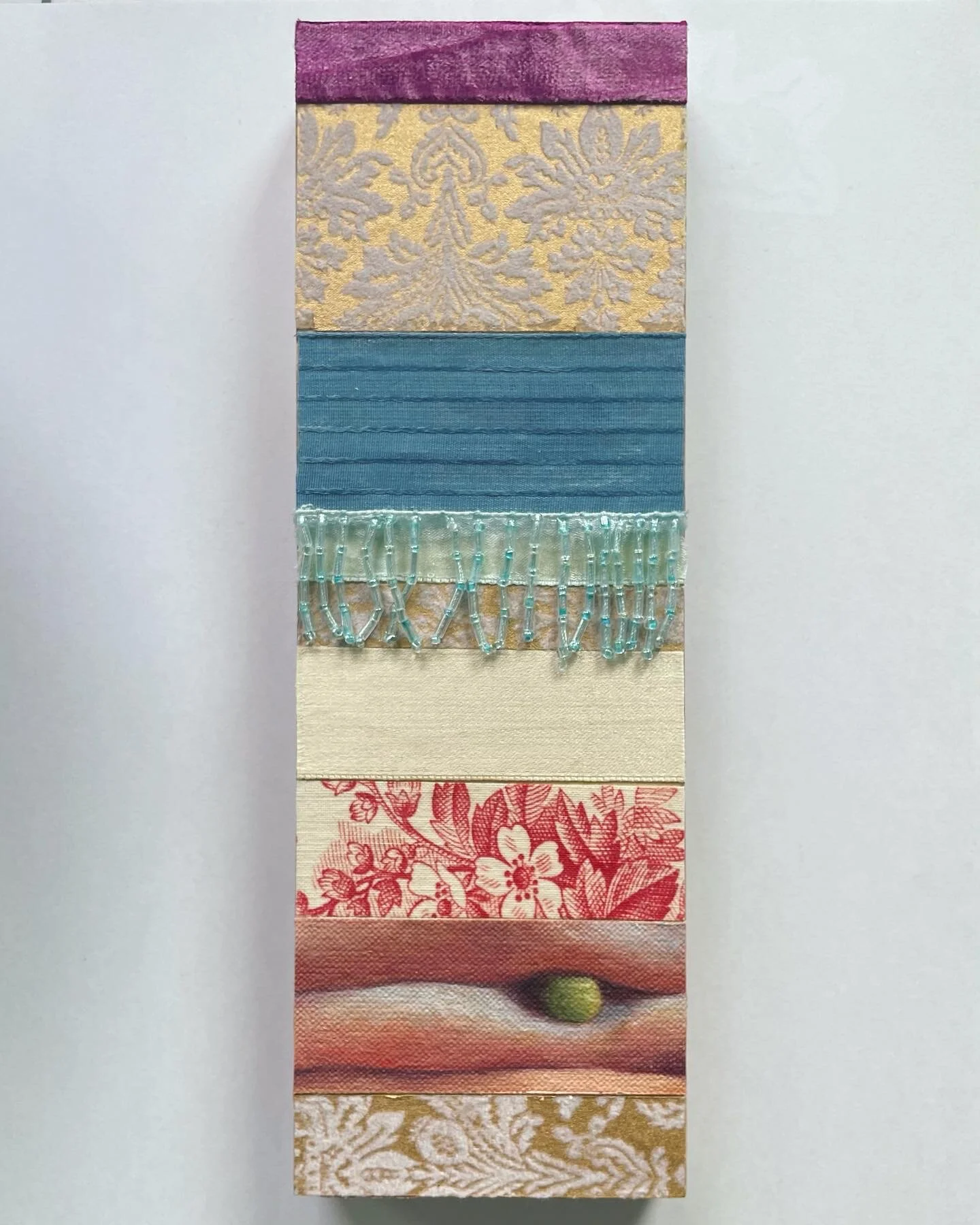 The Pea  3x8 inches, oil on linen, collage and textiles mounted on panel, 2021 