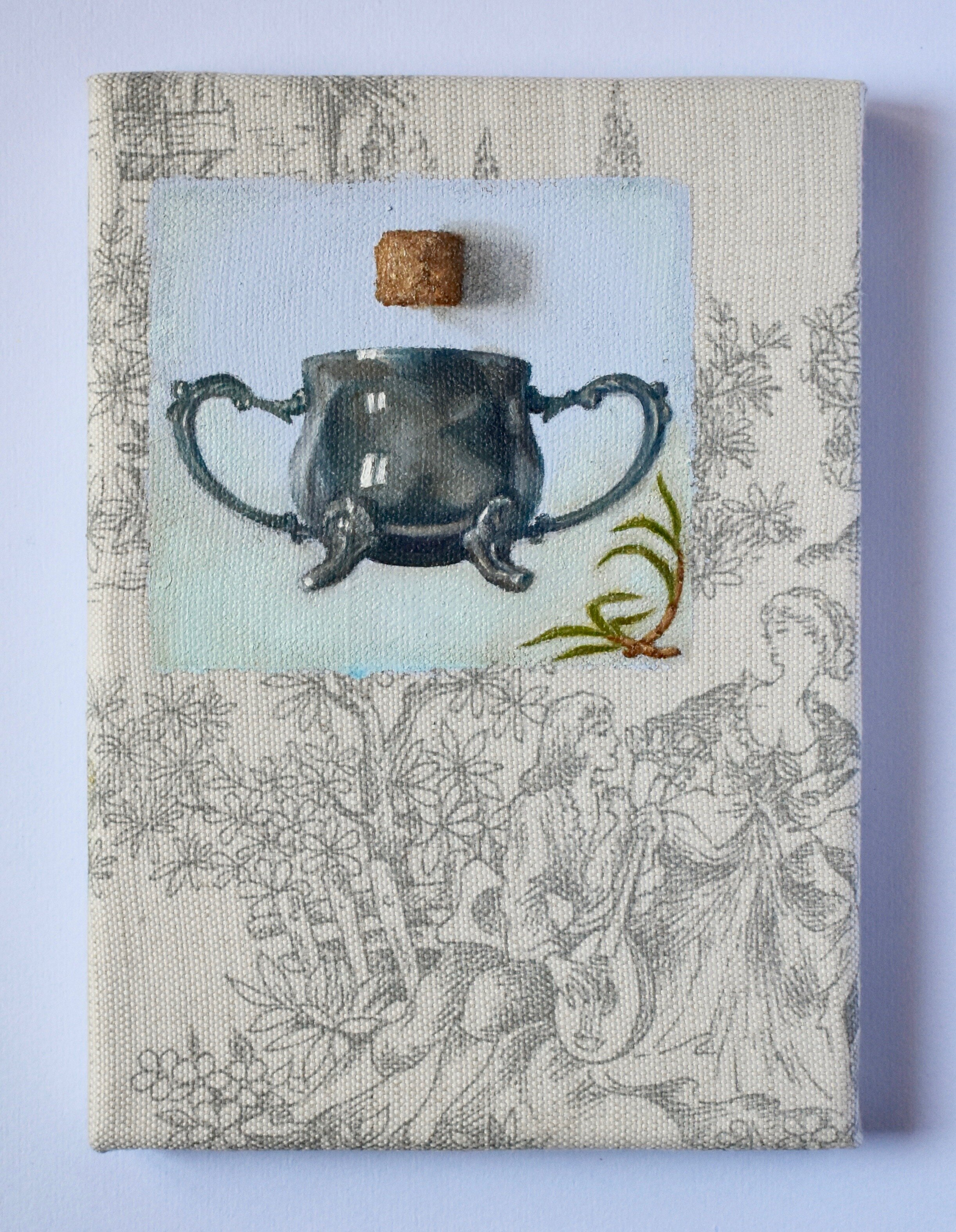 Sugar Pot 5x7 inches, oil on upholstery toile de Jouy, 2020