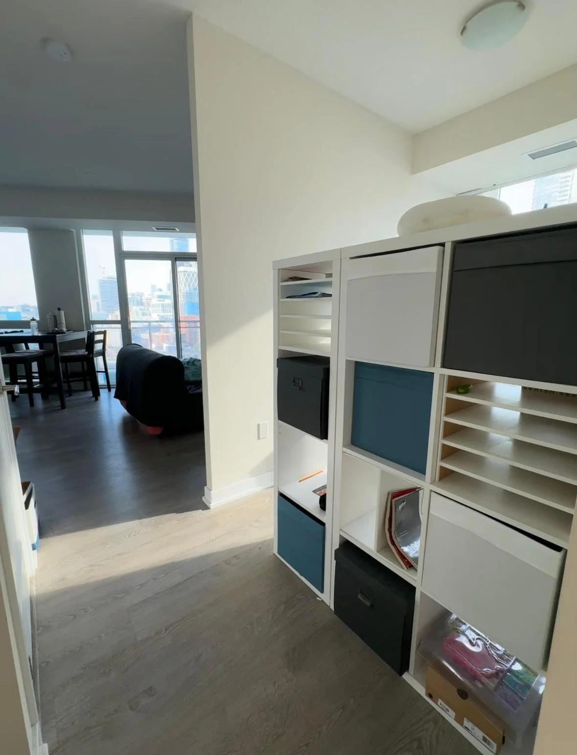 Interior of a modern apartment showing a hallway with a white cubby storage unit and a view into a living room and dining area with large windows.