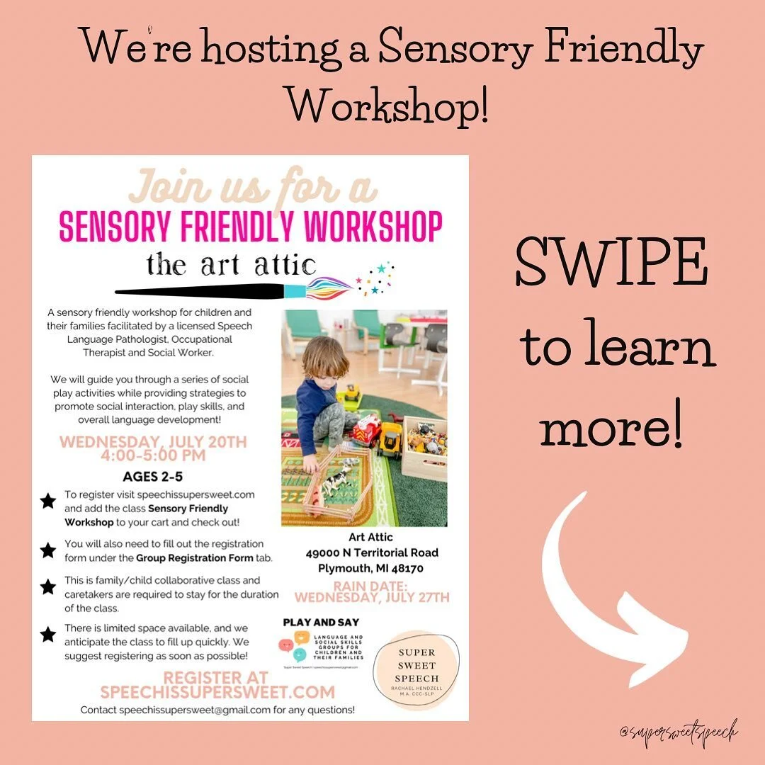We are hosting a SENSORY FRIENDLY WORKSHOP! ✨ What does that mean? Who will be there? What accommodations will be available? SWIPE to find out! ➡️ You can sign up to join us at speechissupersweet.com! 🍦💕 Have questions? Let&rsquo;s chat! 
&bull;
&b