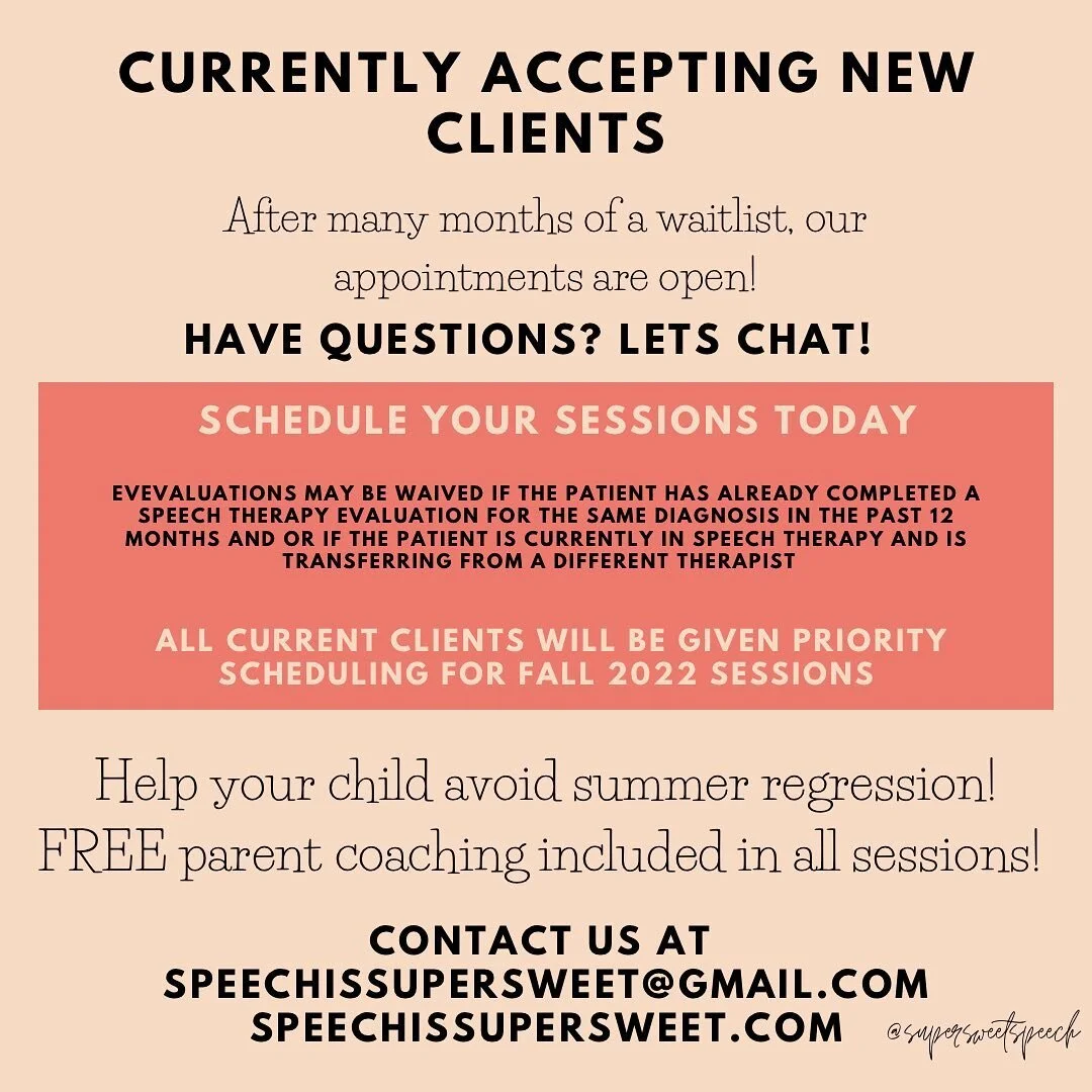 YAY! ✨ After what feels like forever, we have cleared our waitlist and are ready for more! 😎We have available appointments for both evaluations and therapy sessions. Any client that joins us prior to September 1, 2022 will be given priority scheduli