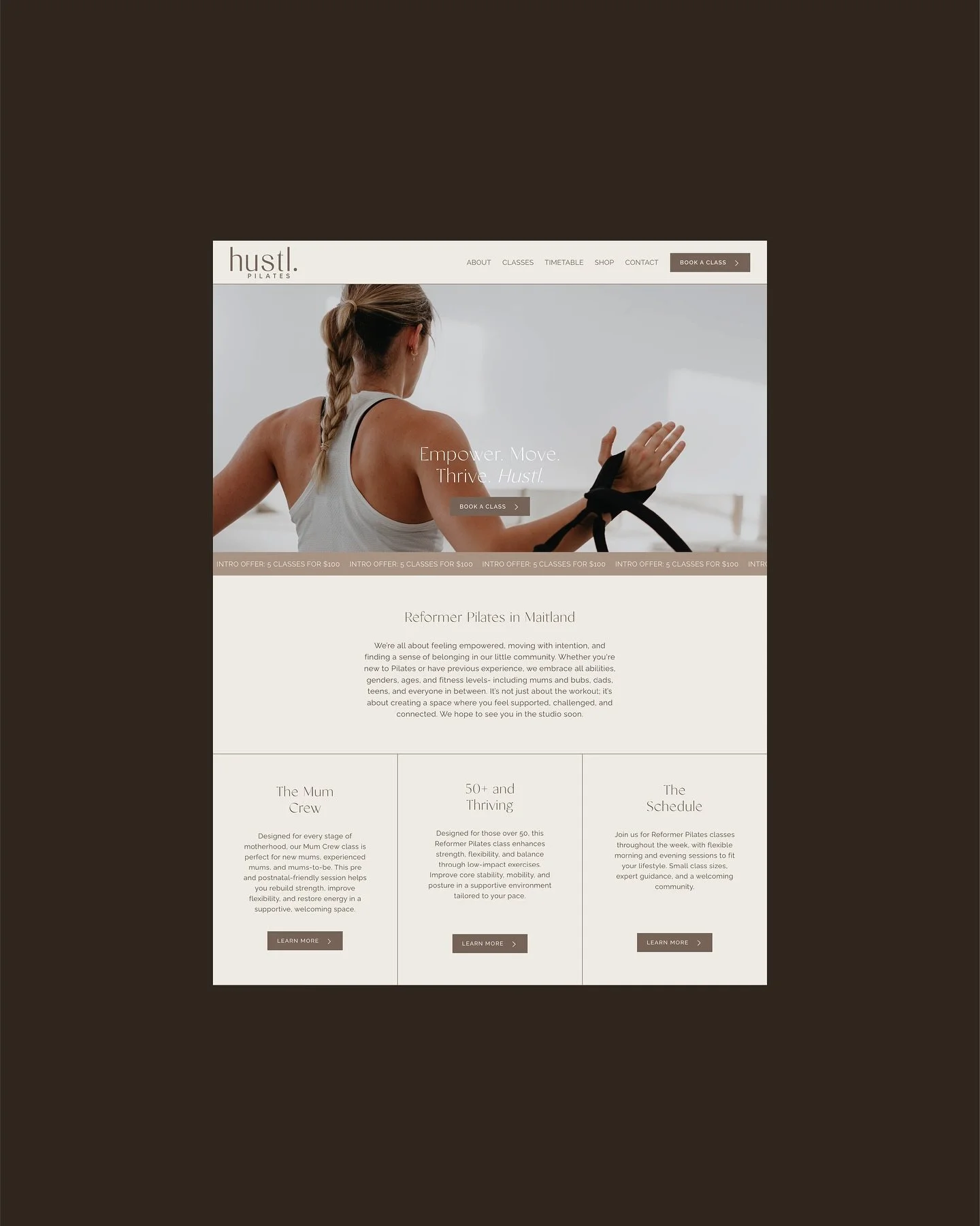 A fresh online home for @hustl.pilates 🤎

Designed to feel as calm and intentional as their classes, this website makes it easy to explore the studio, discover class types, and book your next session&mdash;without the clutter.

A space that reflects