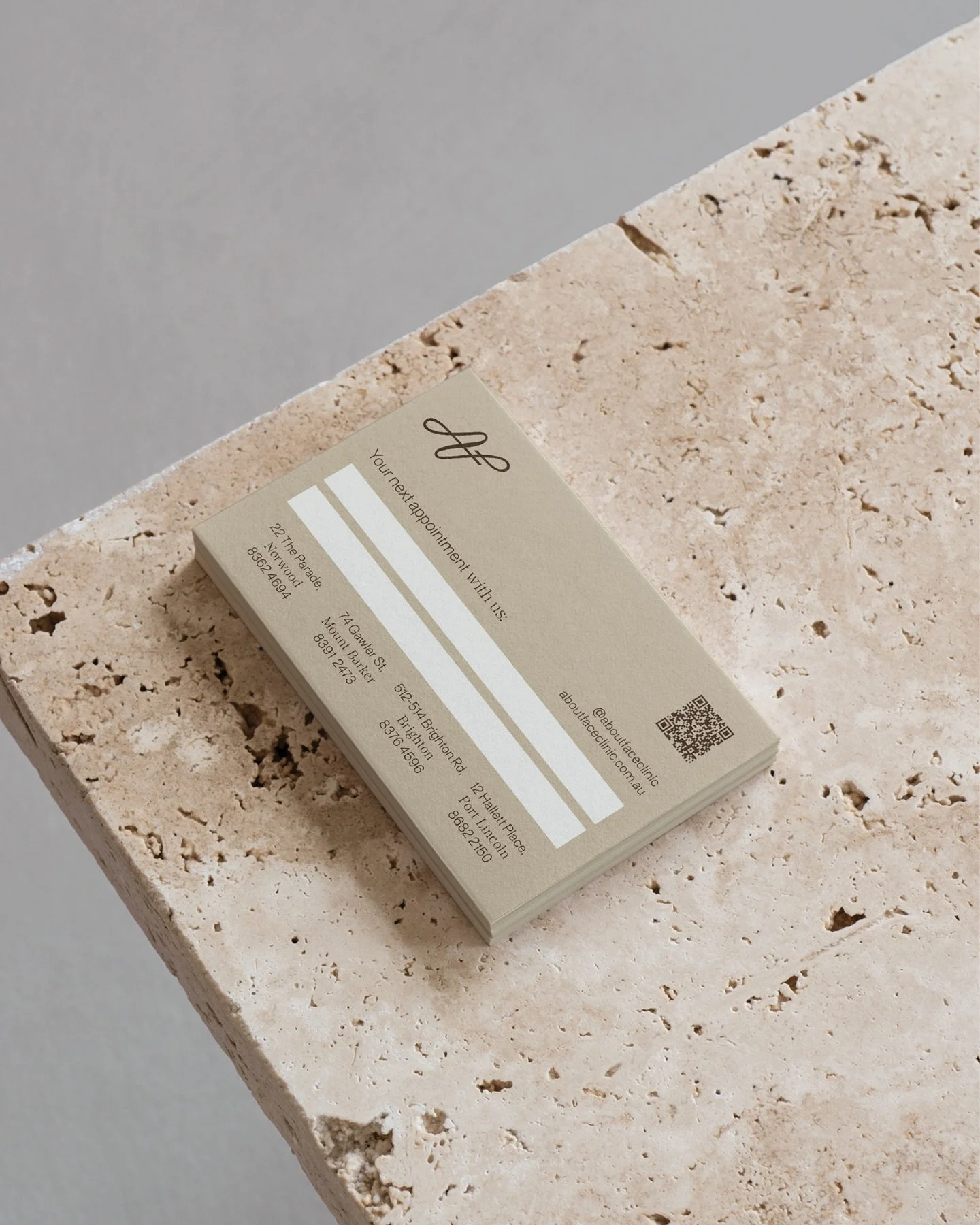 Extending the brand beyond the screen.

From appointment cards to in-clinic stationery and signage, every touchpoint was designed to feel cohesive, minimal and quietly confident.