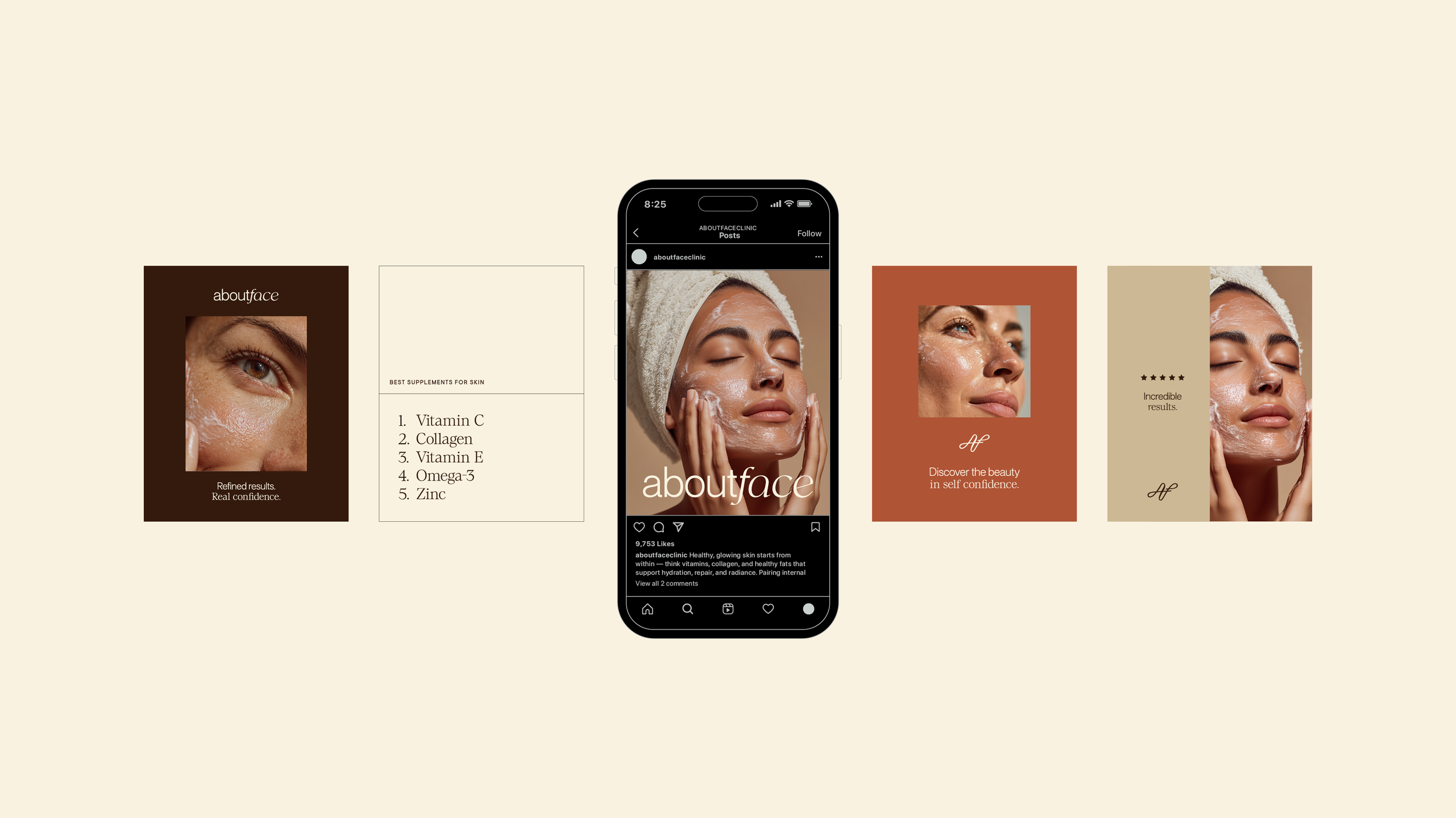 Collage of skincare product advertisements and an Instagram post showing a woman with a facial mask and towel on her head.