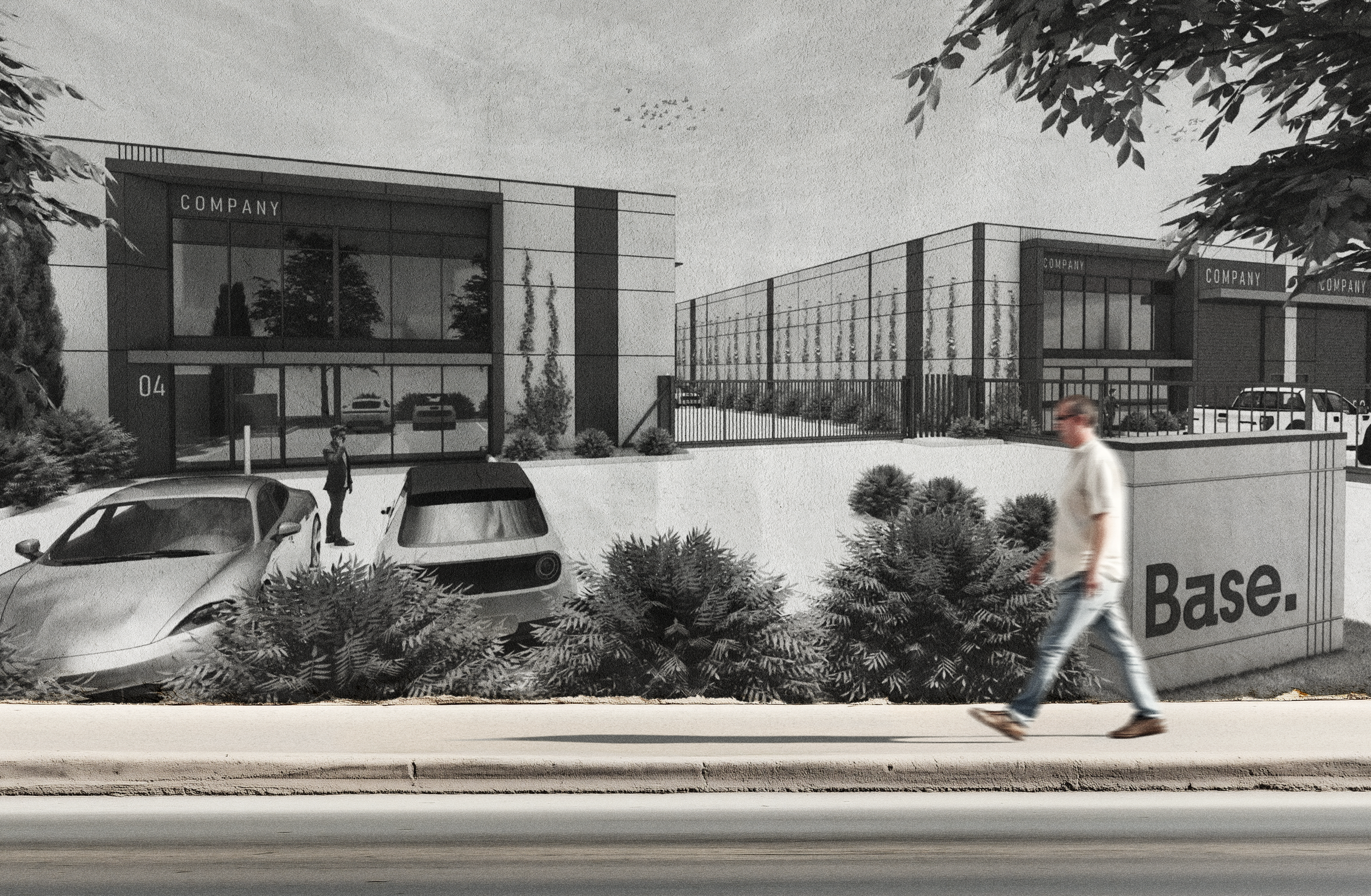 Black and white image of a modern office building with the word 'COMPANY' on the upper left corner and the number 04. There are trees and bushes outside, with cars parked in front. Two people are visible walking past the building, one in the foreground and one near the entrance.