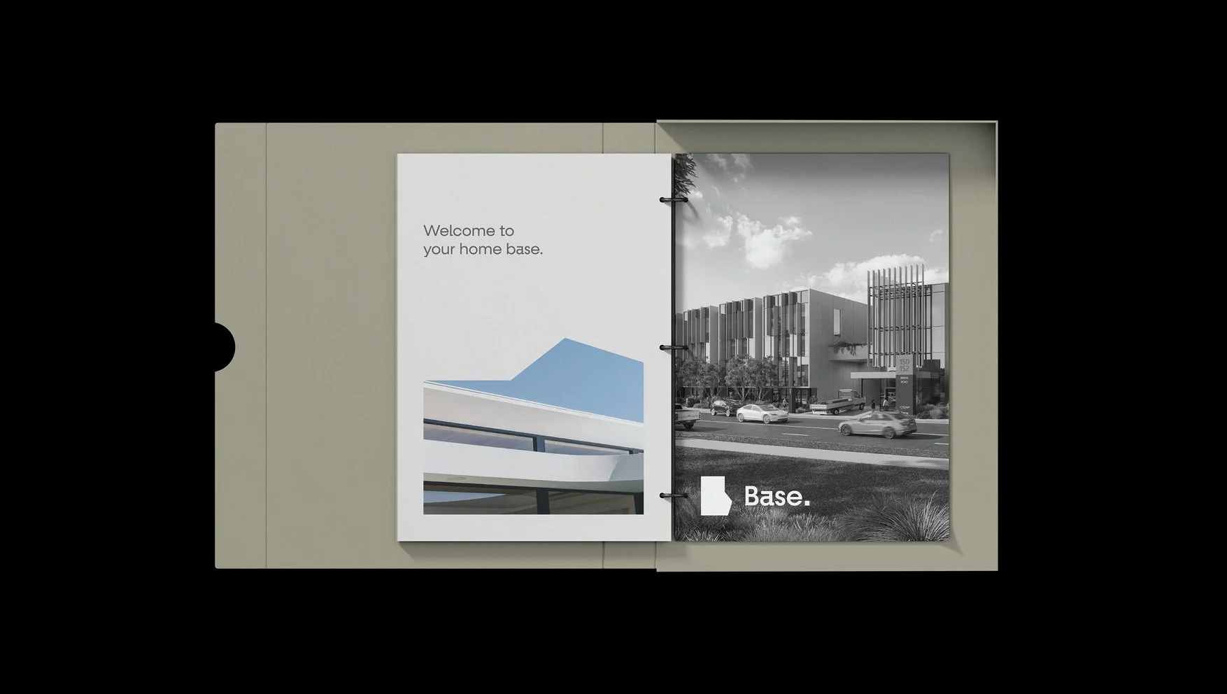 Open case booklet showing a white page with text 'Welcome to your home base' and an image of a modern building with the word 'Base' at the bottom.
