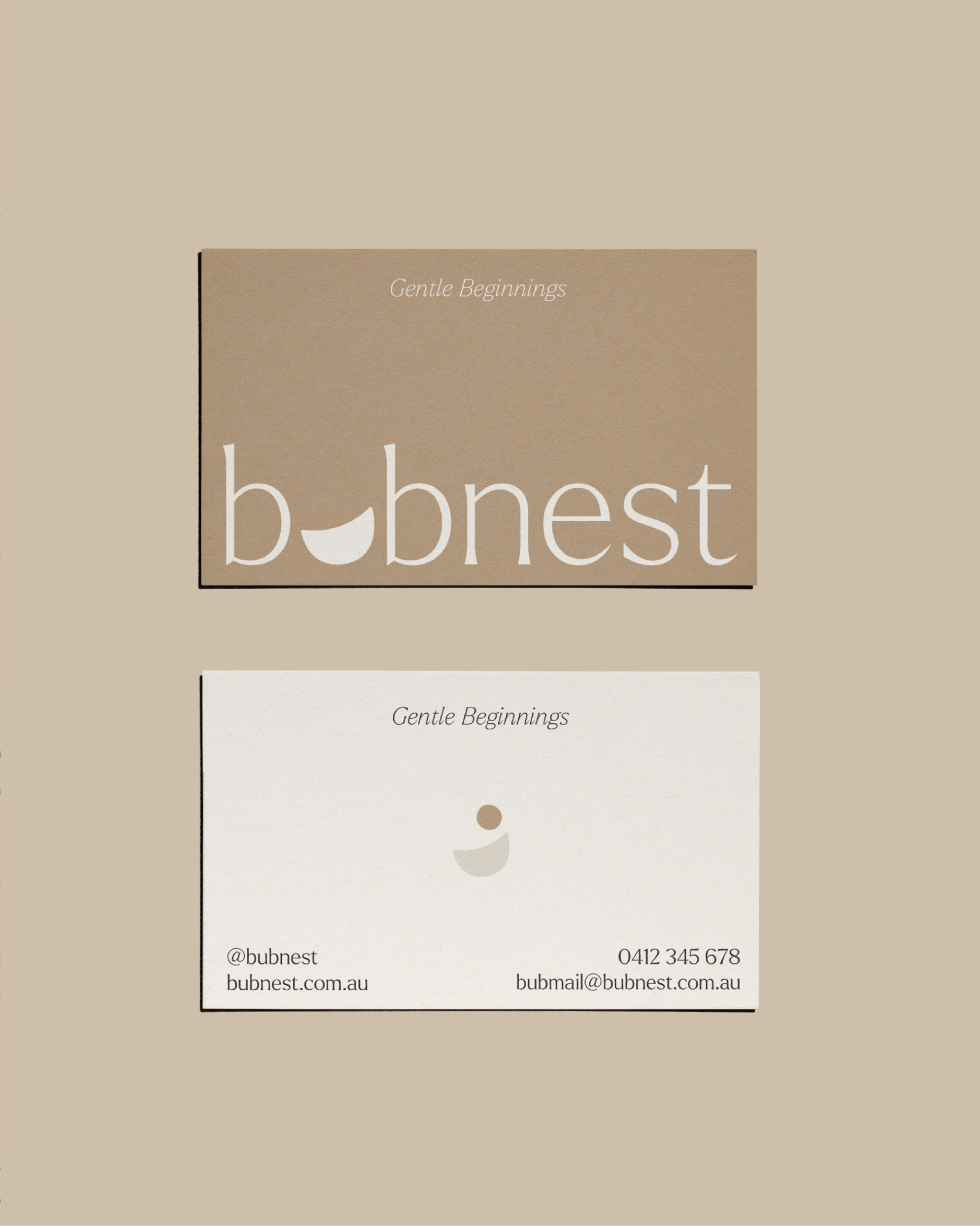 Business card with the company name 'bubnest', the tagline 'Gentle Beginnings', and contact details including email, phone number, and website.