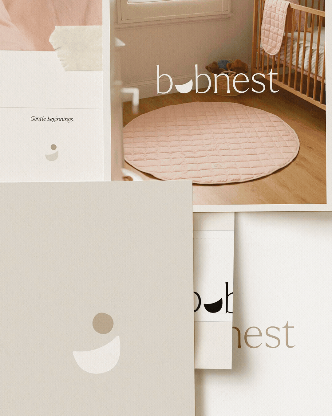 Instagram post for BobNest featuring a nursery with a pink quilted oval rug, a wooden crib, and plush toys in the corner.