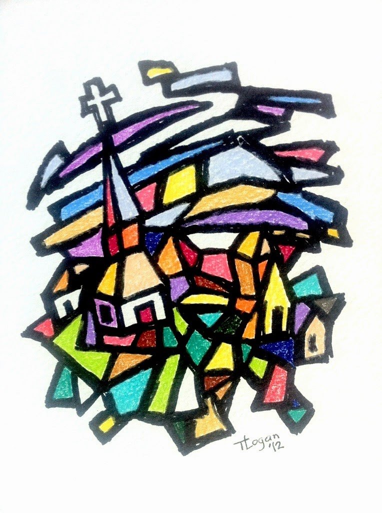"Church with a Large White Cross" – Colored Markers – SOLD