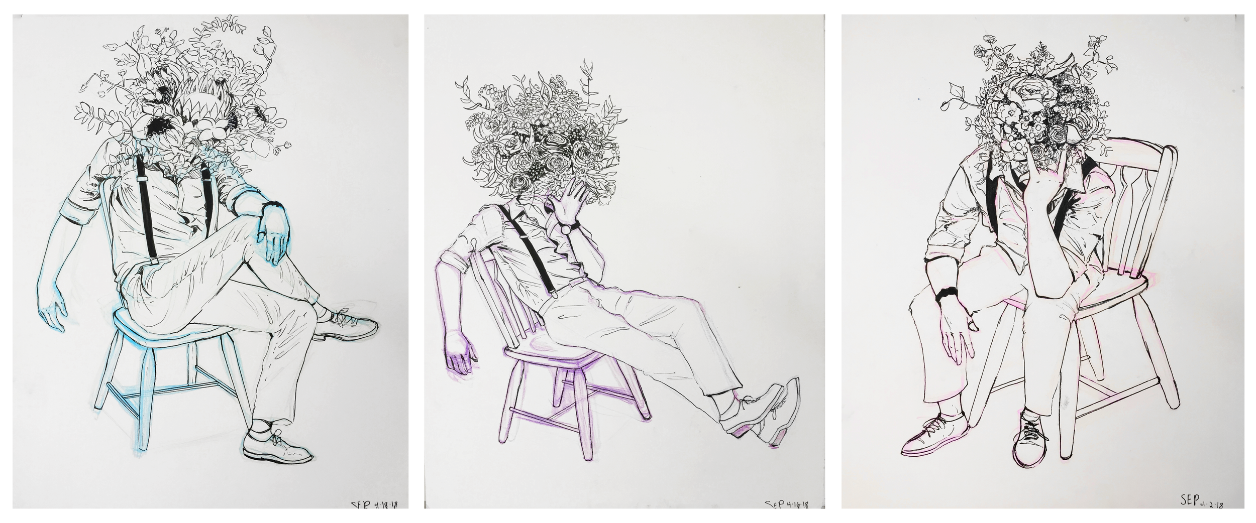 A triptych featuring three ink illustrations of men sitting on chairs with heads made of bouquets. The images all appear to be the same man in different poses with a different arrangement of flowers on each one.