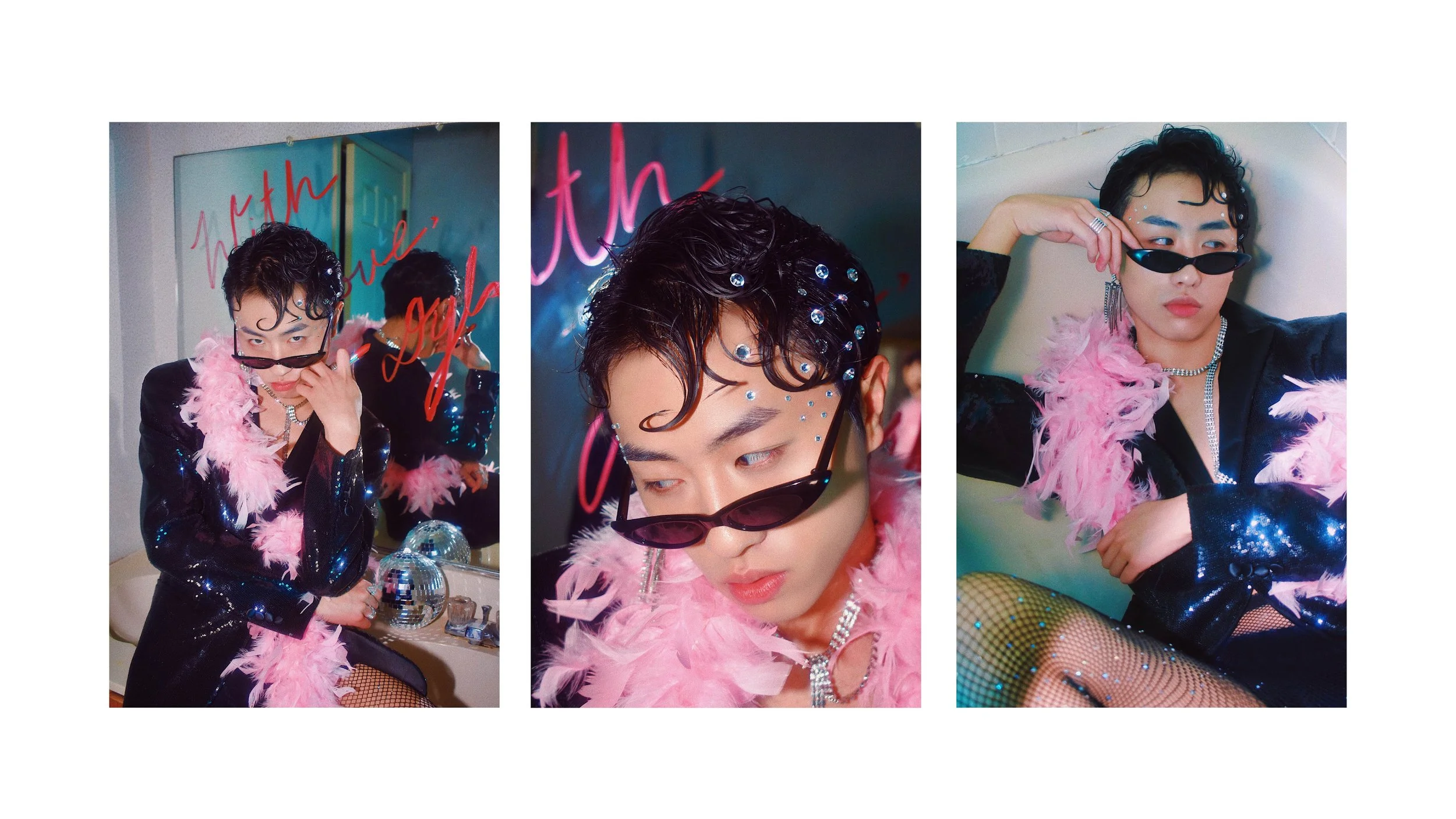 A photographic triptych. The subject of the photographs is a man with a glamorous look, covered in gemstones and a pink boa. The photos are shot in a way that is reminiscent of 50's and 60's magazine spreads and glamor shots.