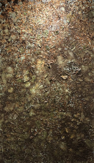 A multimedia piece invoking the feeling of organic decay. Brown paint and dried plants make the piece appear to wither before the viewer's eyes.