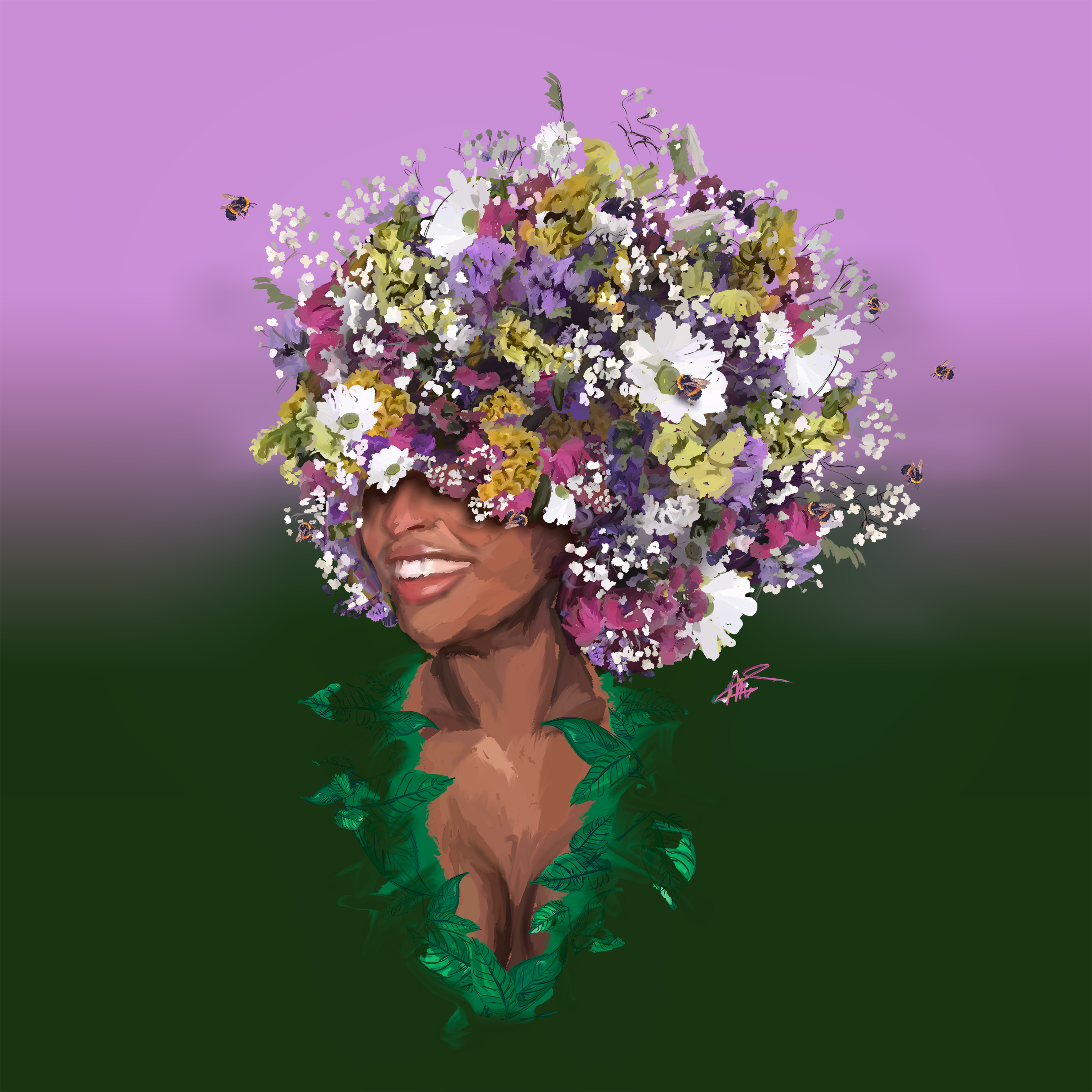 A digital painting of a smiling woman from the chest up, her hair made of a bouquet of flowers in the shape of an afro. Leaves cover her shoulders and wrap around her bust, blending into the green and pink gradient background.